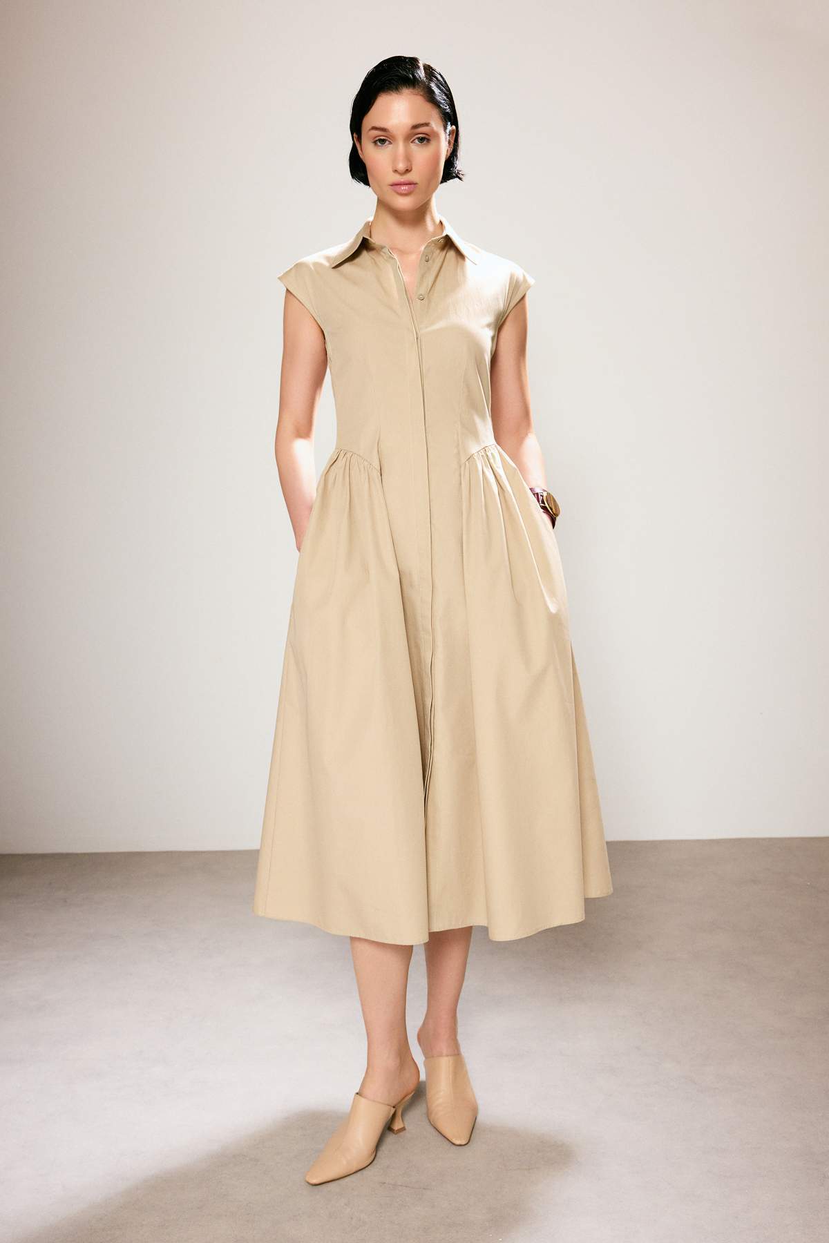 Trendyolmilla Trendyol Studio Bej Poplin Midi Dokuma Elbise TWOSS26EL00513