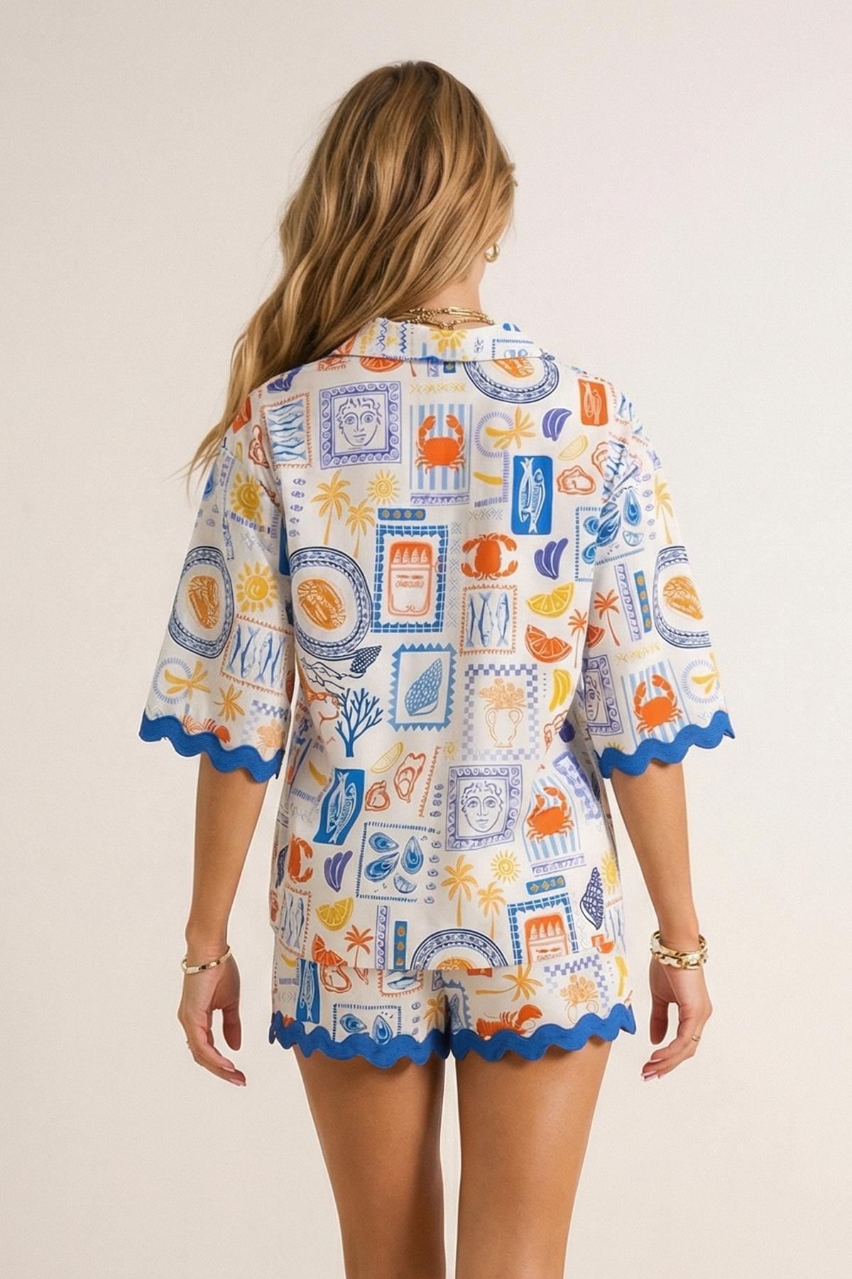 Trendyolmilla  Su Altı Mix Desen Dokuma Şeritli Plaj Gömlek-Şort Takım TBESS25AU00047 - Görsel 4