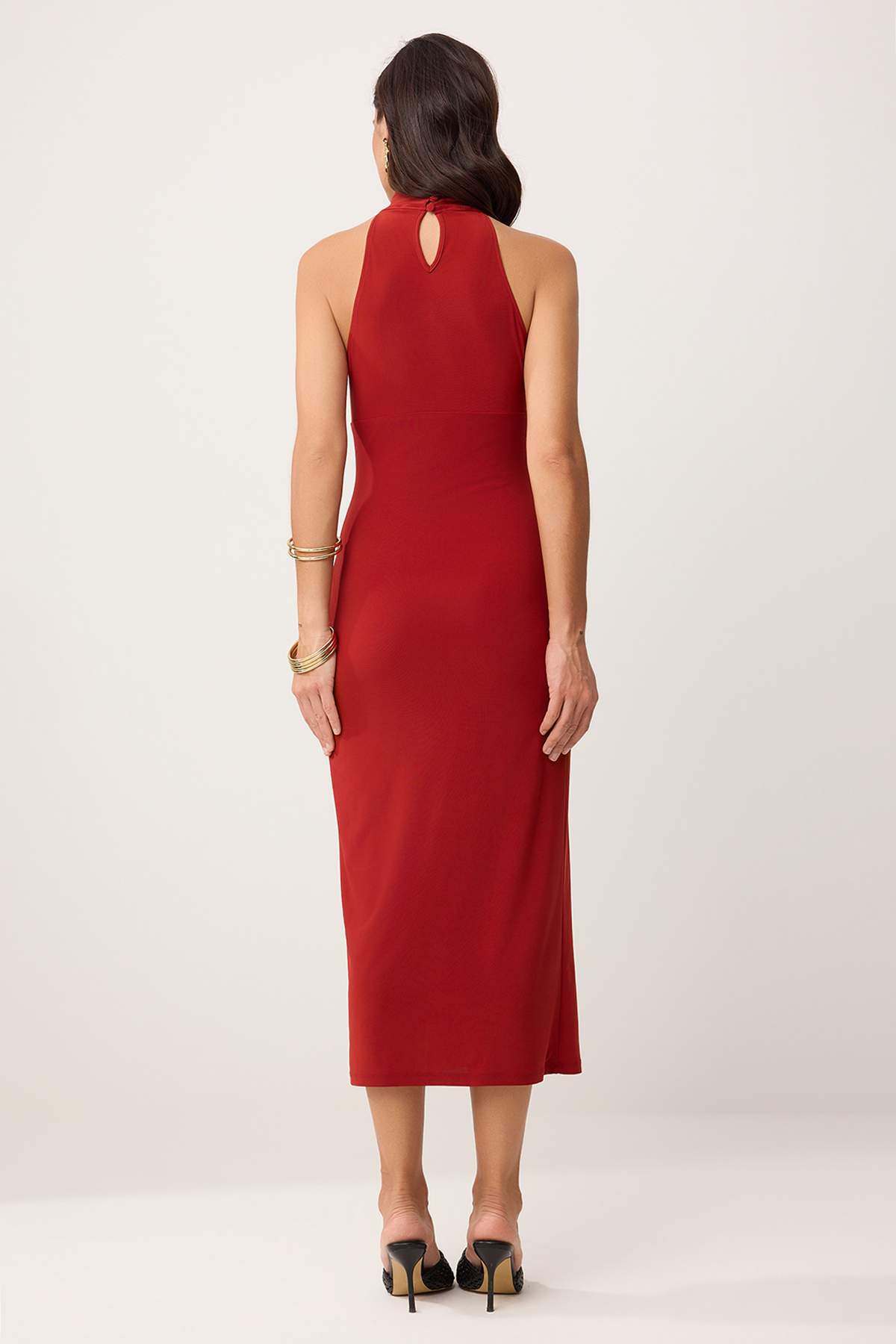 Trendyolmilla  Kiremit Bodycon Halter Yaka Kolsuz Aksesuar Detaylı Midi Esnek Örme Elbise TWOSS26EL00267 - Görsel 4