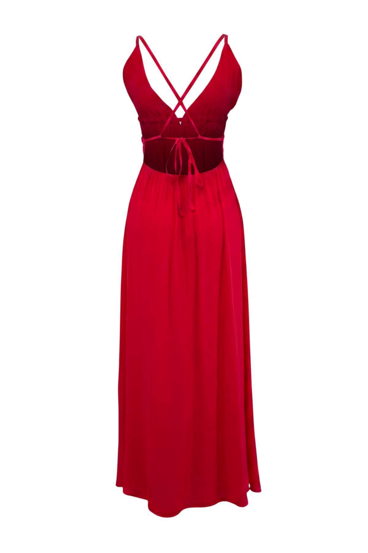 Trendyolmilla  Kırmızı Dokuma Büzgülü Maxi Plaj Elbise TBESS23EL00063 - Görsel 3