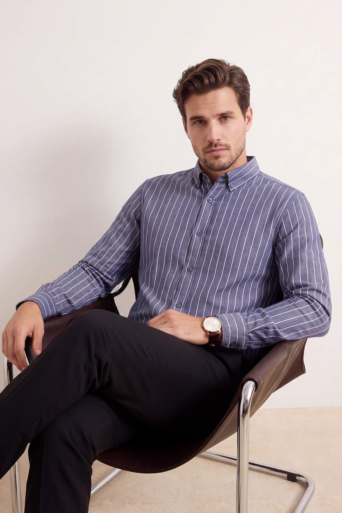 Trendyolmilla Man Lacivert Normal Kalıp/Regular Fit Çizgili Keten Dokuma Erkek Gömlek TMNSS26GO00017