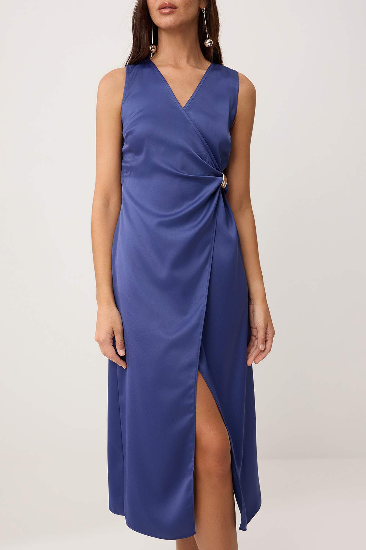 Trendyolmilla  Petrol Aksesuar Detaylı Kruvaze Kapama Saten Midi Dokuma Elbise TWOSS26EL00413 - Görsel 3