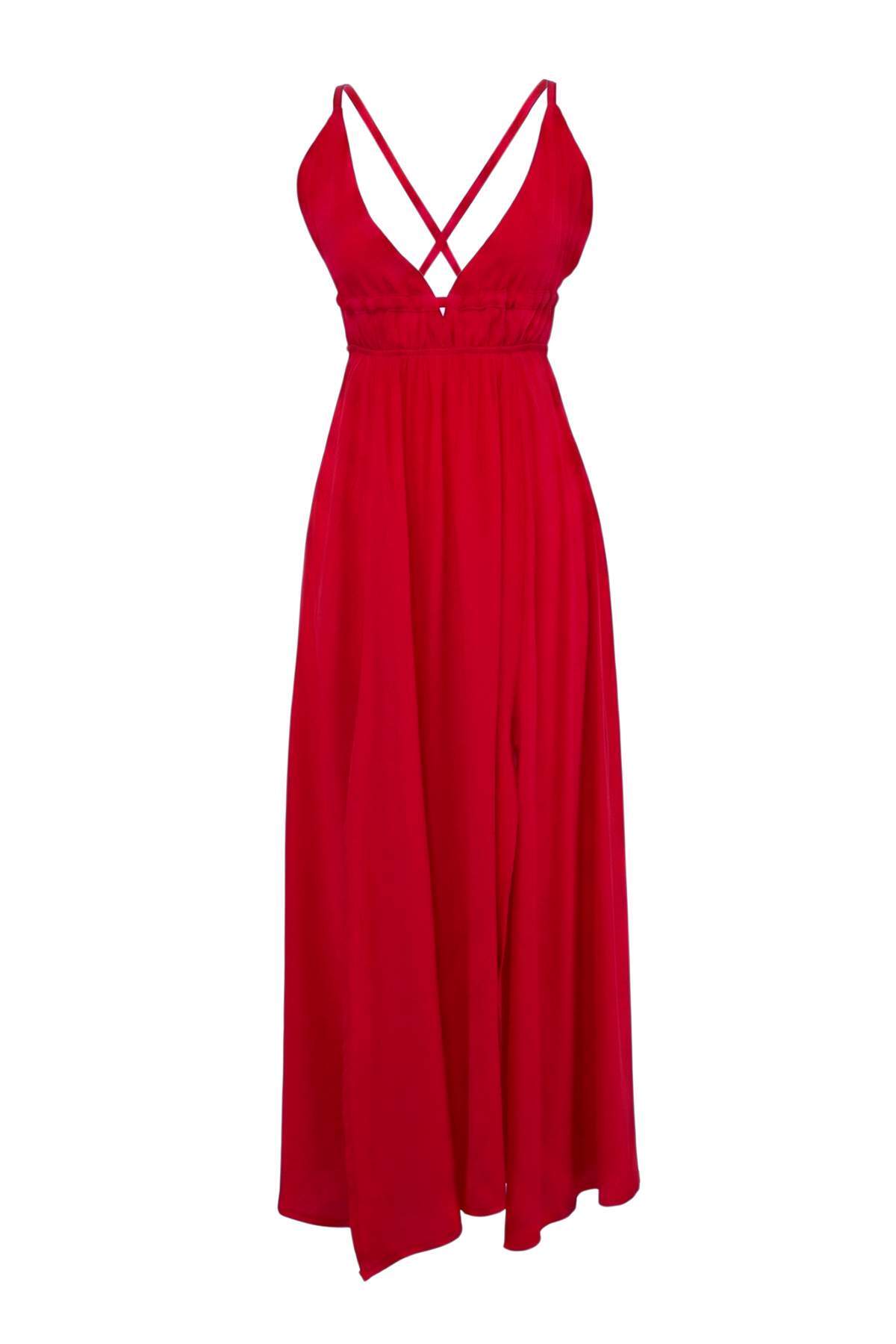 Trendyolmilla  Kırmızı Dokuma Büzgülü Maxi Plaj Elbise TBESS23EL00063