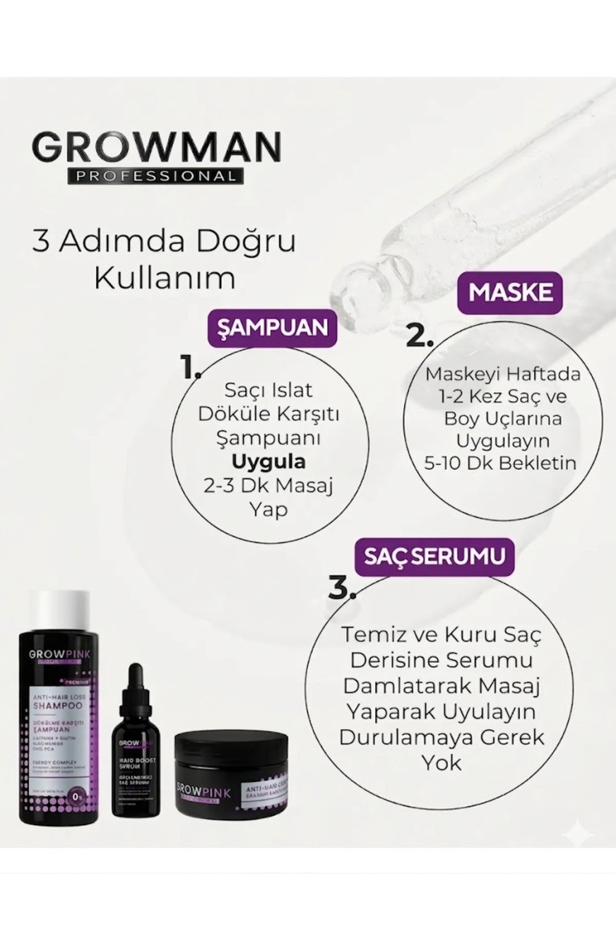 Kadın Saç Dökülmesine Karşı Bakım Seti – Şampuan, Serum ve Saç Maskesi | Güçlendirici Yoğun Bakım — GP-KDN-DSL-3LU-01 — تصویر 4 از 6