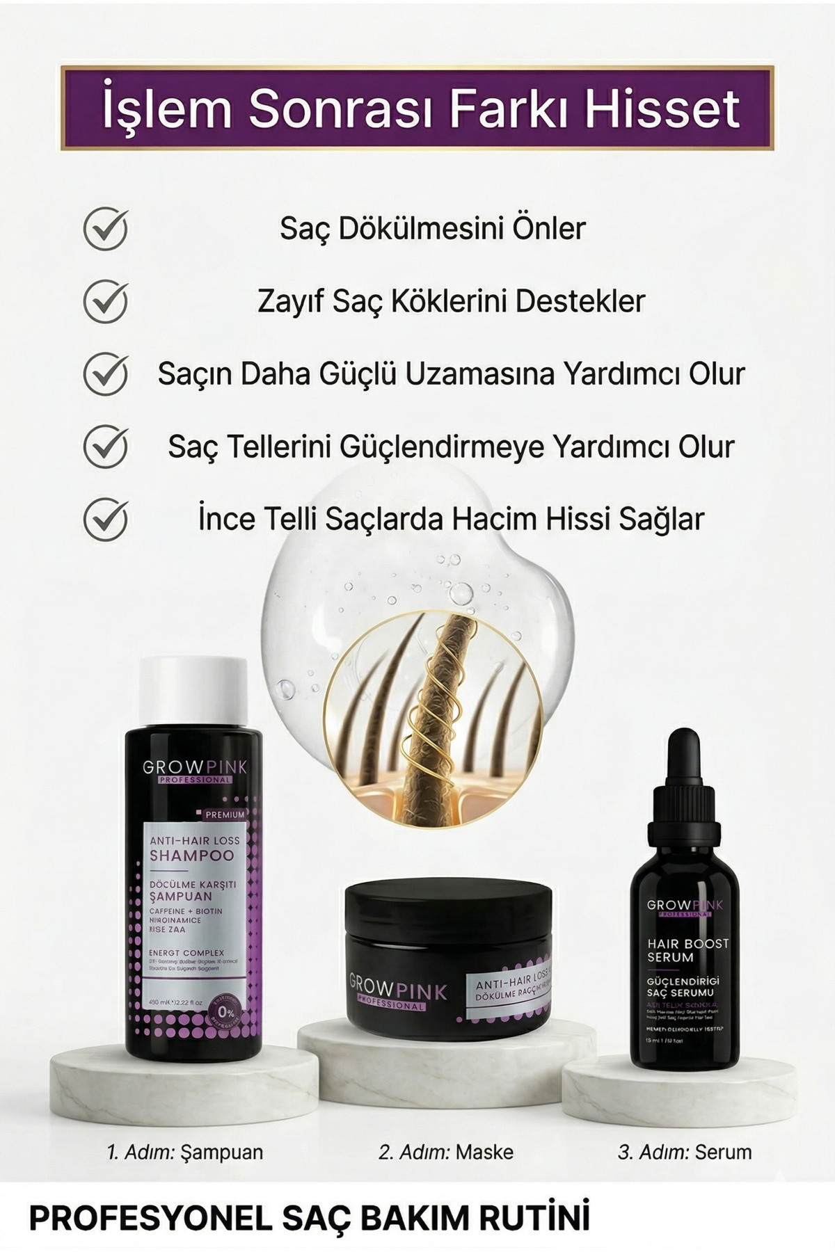 Kadın Saç Dökülmesine Karşı Bakım Seti – Şampuan, Serum ve Saç Maskesi | Güçlendirici Yoğun Bakım — GP-KDN-DSL-3LU-01 — تصویر 3 از 6