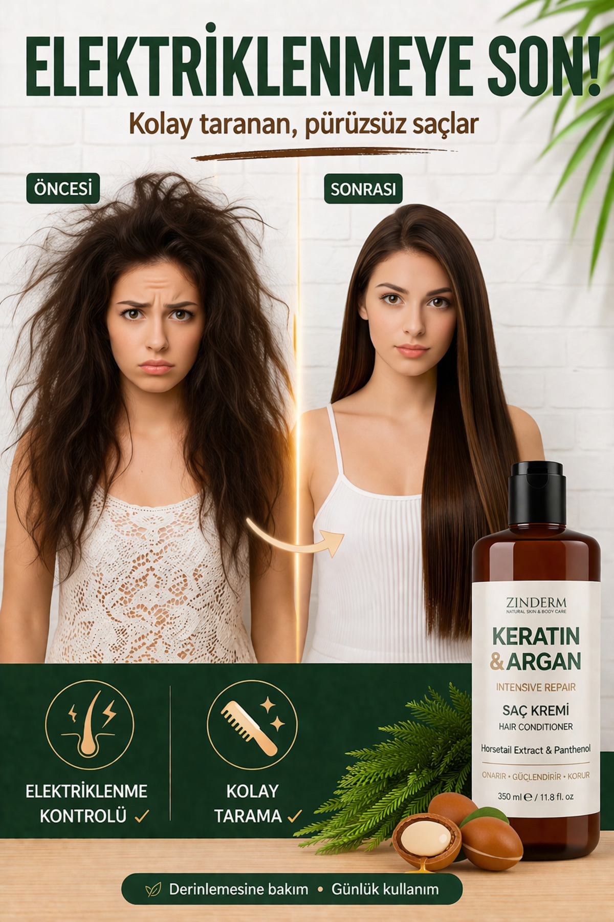 Elektriklenme Karşıtı & Kabarma Önleyici Keratin & Argan & At Kuyruğu Onarıcı Saç Bakım Kremi 350 ml — zindermhaircond — تصویر 4 از 5