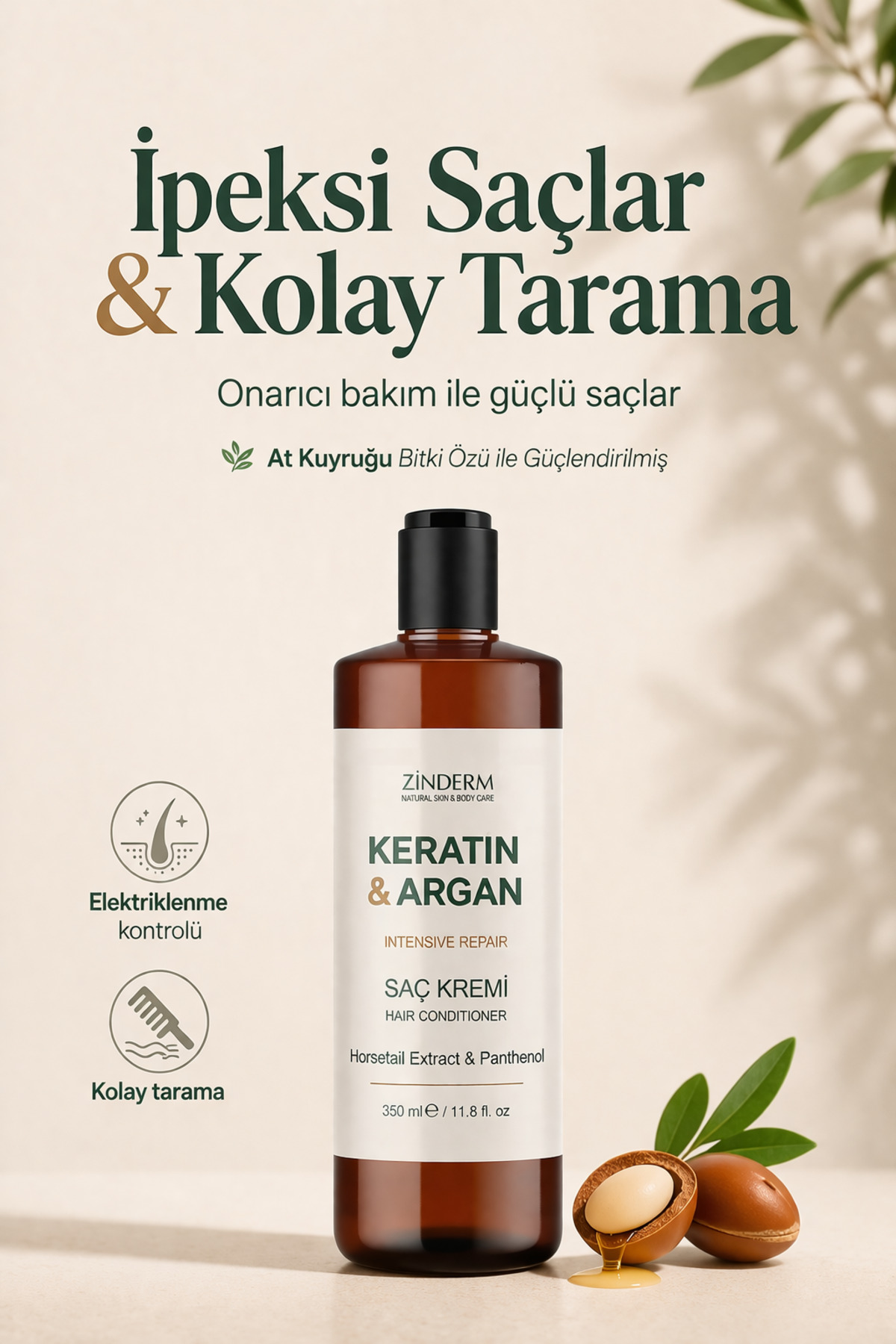 zinderm Elektriklenme Karşıtı & Kabarma Önleyici Keratin & Argan & At Kuyruğu Onarıcı Saç Bakım Kremi 350 ml — zindermhaircond