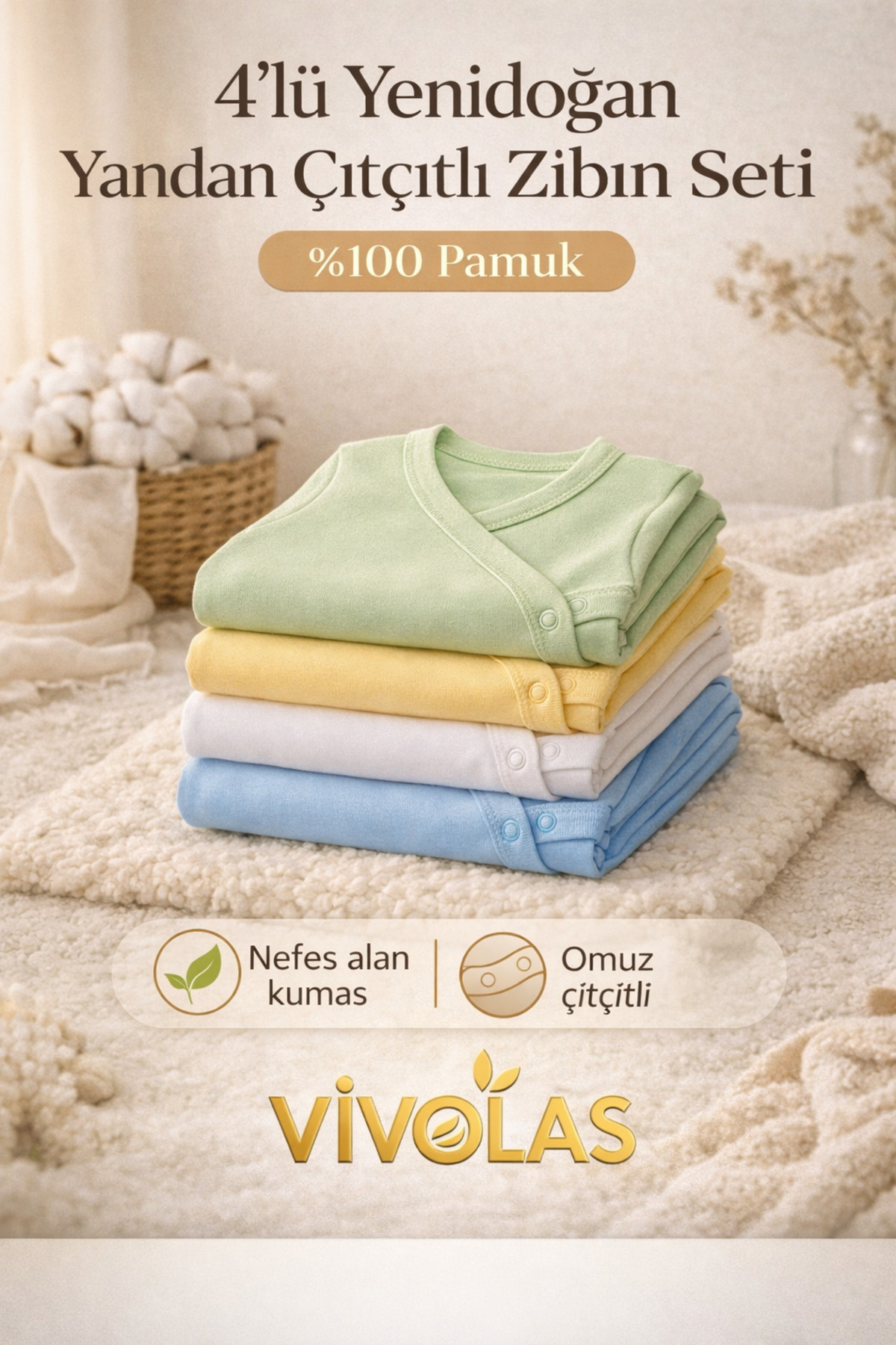 Vivolas Uzun Kollu Kendinden Eldivenli Çıtçıtlı Badi Kruvaze - 3'lü Paket 0-3 Ay fotoğrafı 3 (önizleme)