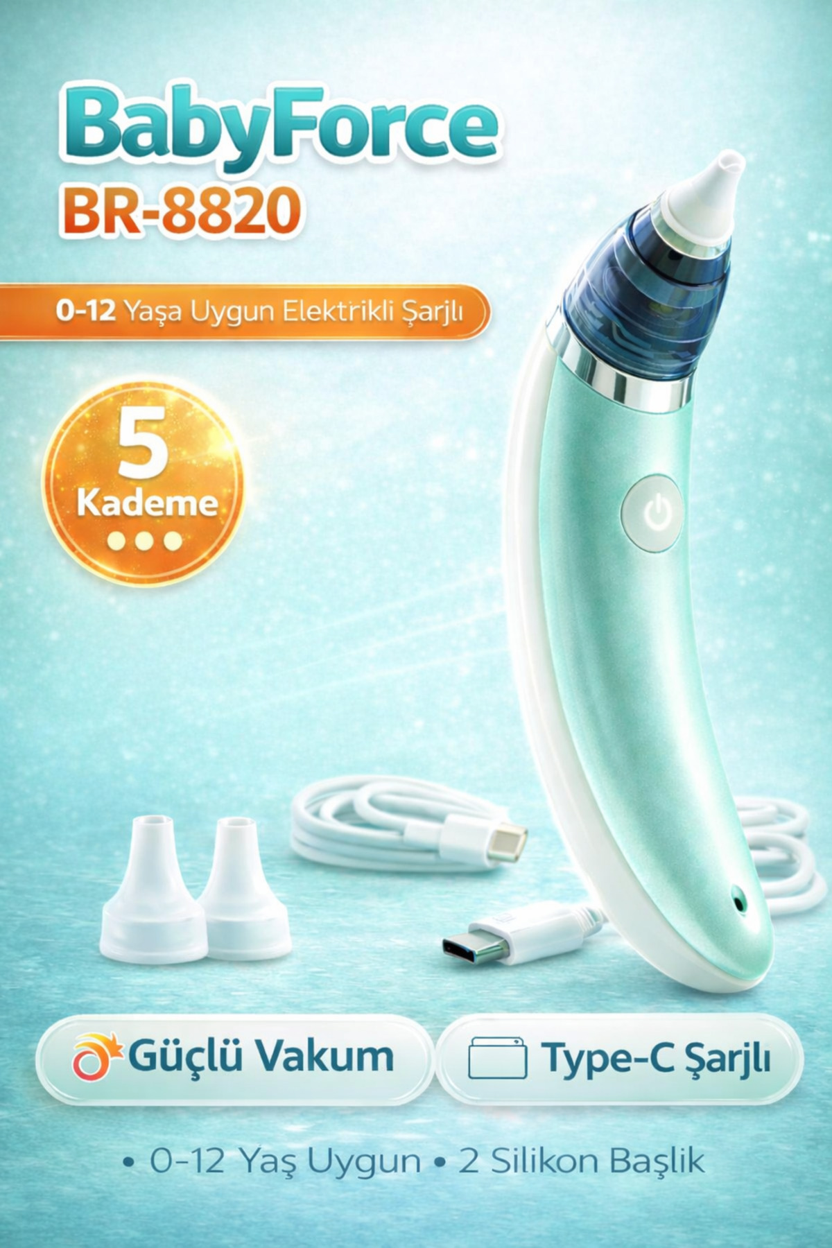 Baby Force BR-8820 0-12 Yaş Şarjlı Bebek Burun Aspiratörü – 5 Kademe Güçlü Vakum fotoğrafı 2 (önizleme)