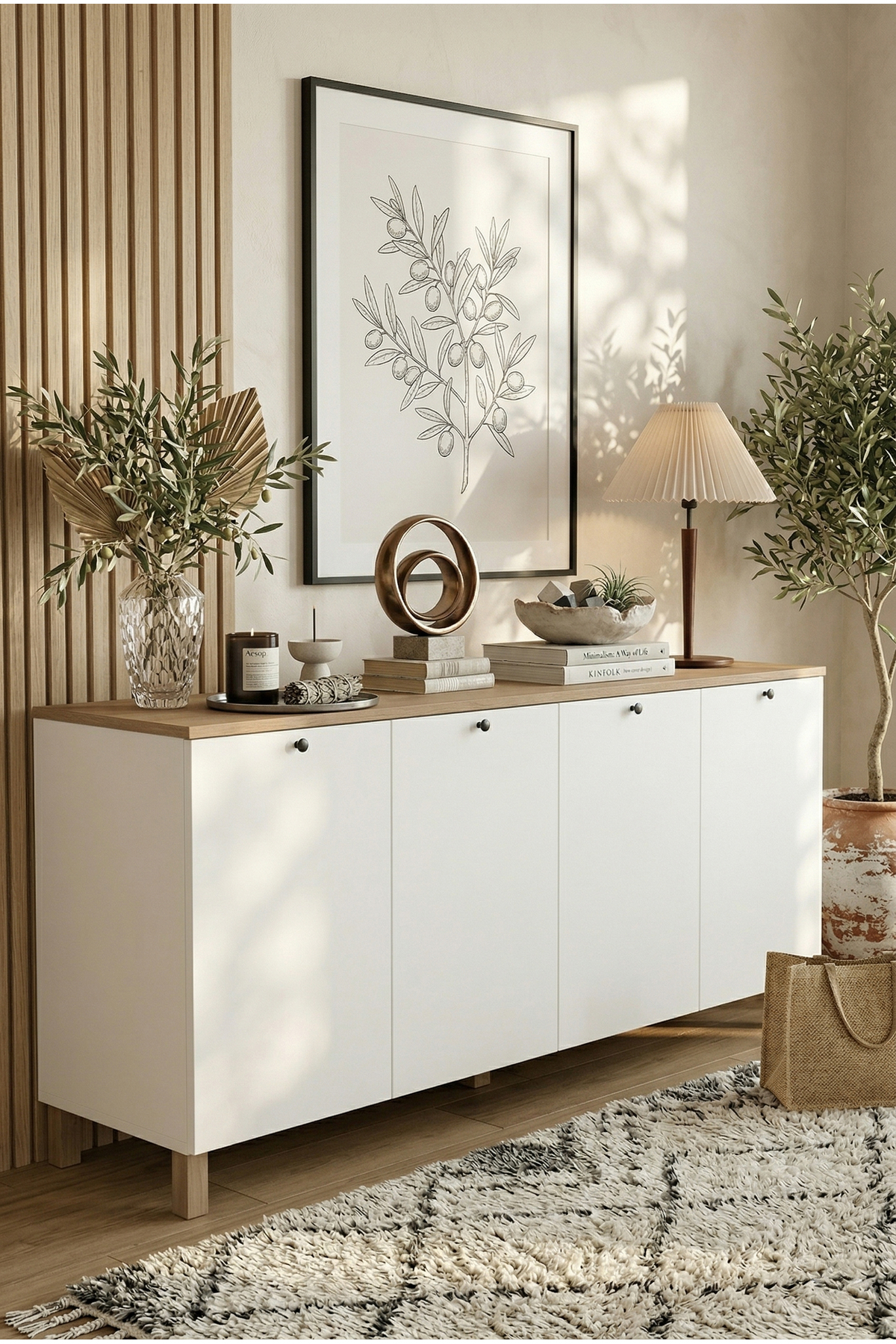 Robin Home Alaska Konsol 4 Kapaklı Ahşap Ayaklı 180cm Sepet-Beyaz
