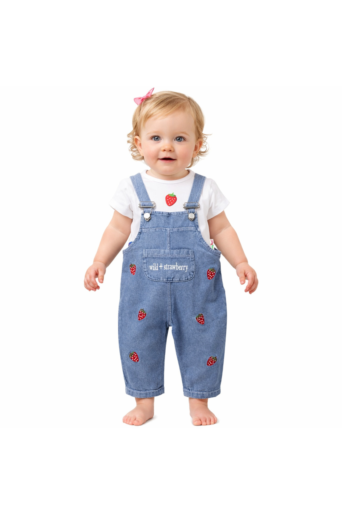 MixMax Bebe Kız Bebek Çilek Desenli Kısa Kollu Sweatshirt Bebek Salopet fotoğrafı 2 (önizleme)