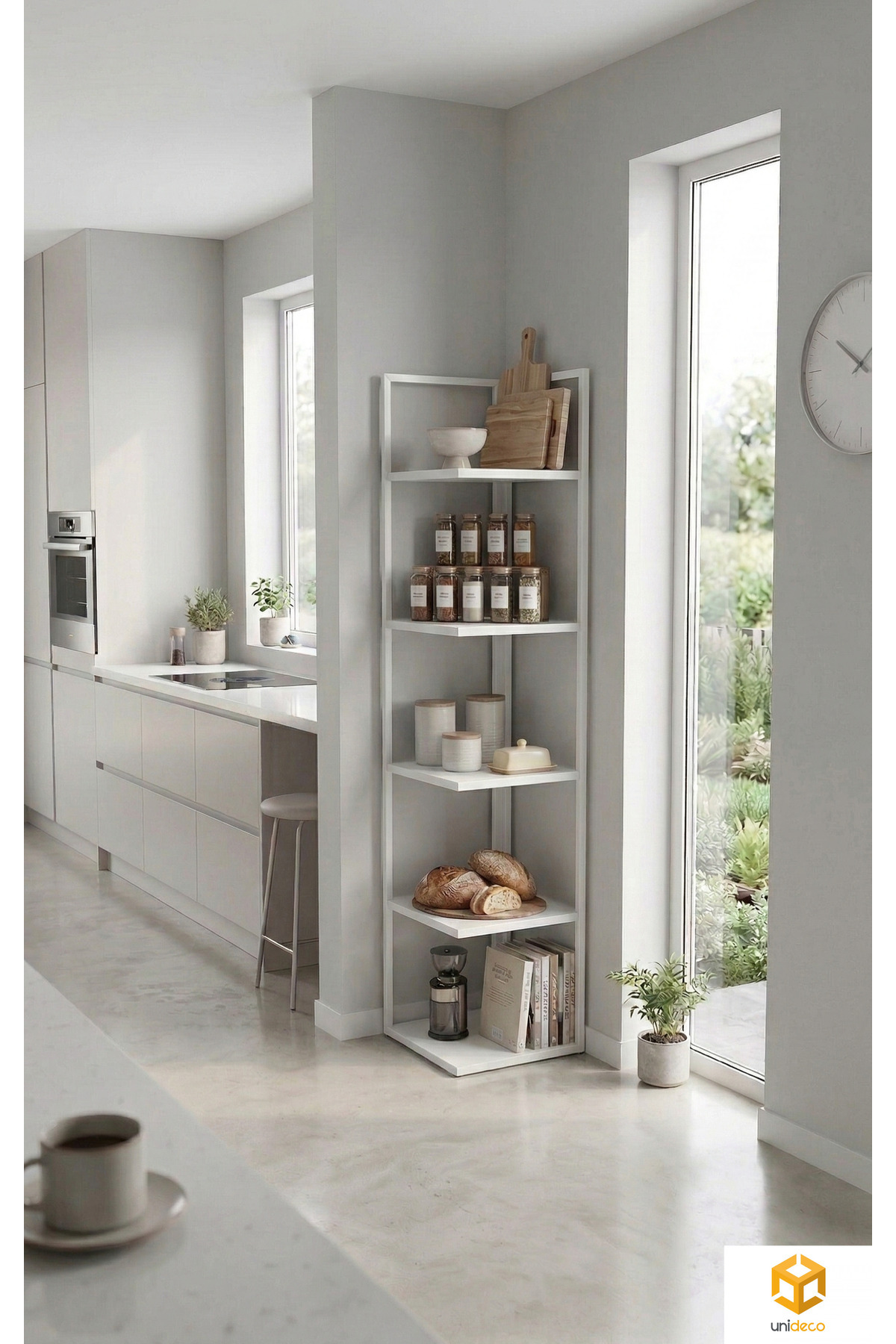 Corner Bookshelf Corner Shelf 5 Shelves Metal Bookshelf Decorative Shelf Accessory Shelf Multi Purpose Kitchen Corner Shelf ELA 180 Cm White-White