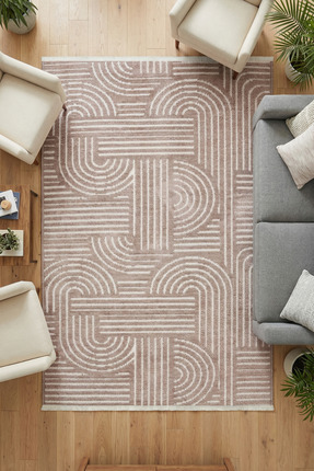 Halispecial Raye Bej Yıkanabilir Kilim-Kaydırmaz taban Pamuk Dokuma Salon Mut...