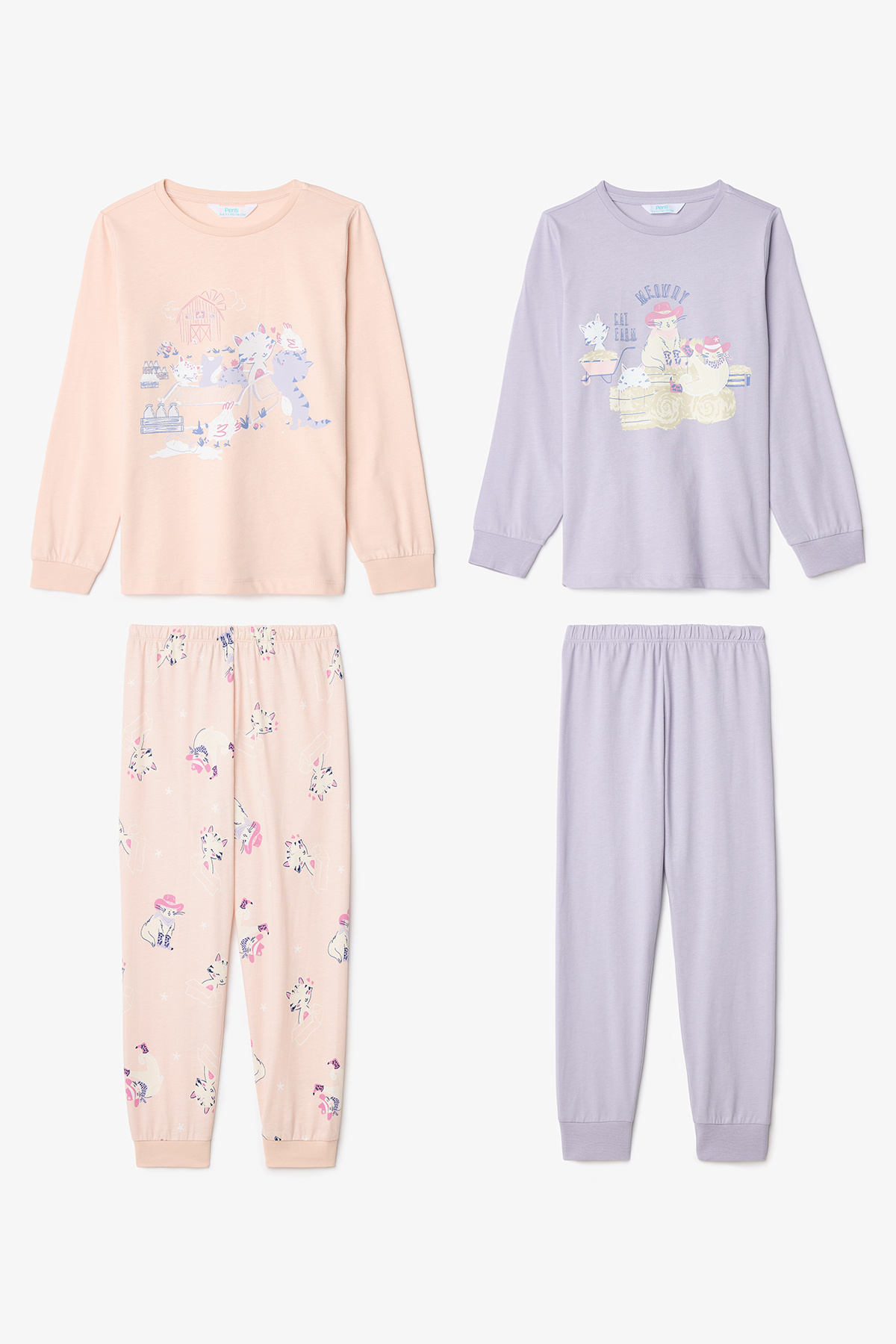 Penti Kız Çocuk Meowdy Kedi Desenli Pamuklu 2'li Uzun Kollu Pijama Takımı fotoğrafı 2 (önizleme)