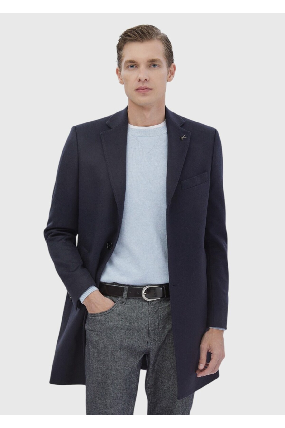 Ramsey  Lacivert Regular Fit Şal Yaka Klasik Dokuma Palto - Görsel 2