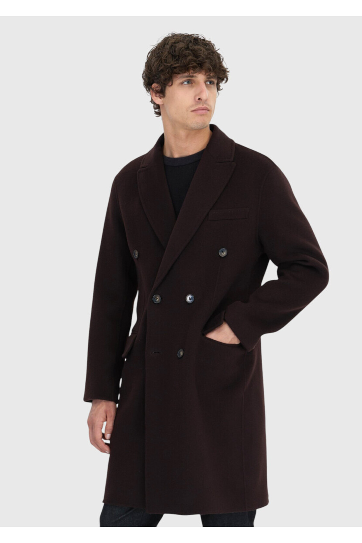 Ramsey  Mürdüm Regular Fit Kruvaze Yaka Klasik Dokuma Palto