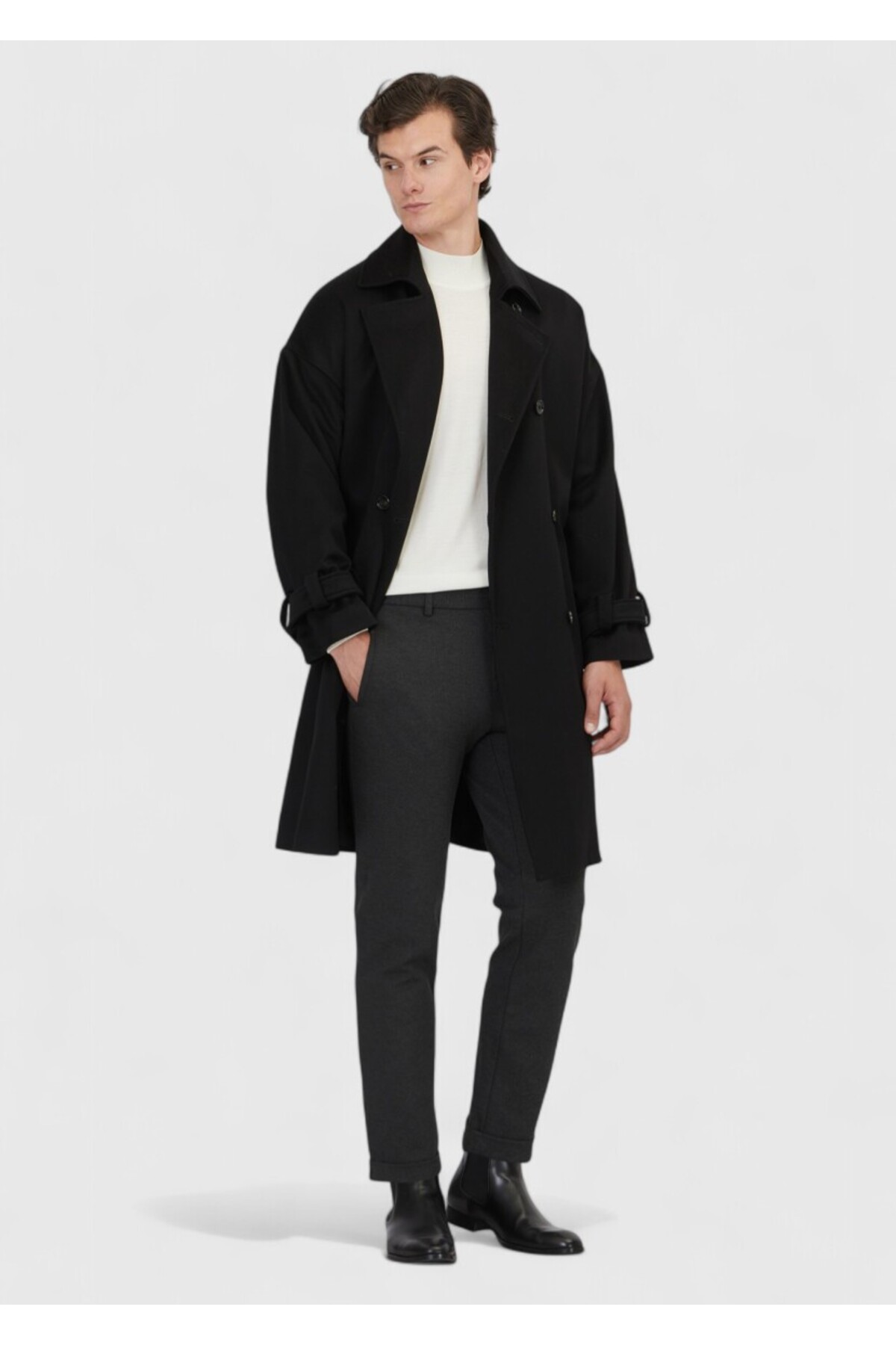 Siyah Oversize Fit Kruvaze Yaka Casual Dokuma Palto — رنگارنگ 10155193 — تصویر 2 از 7