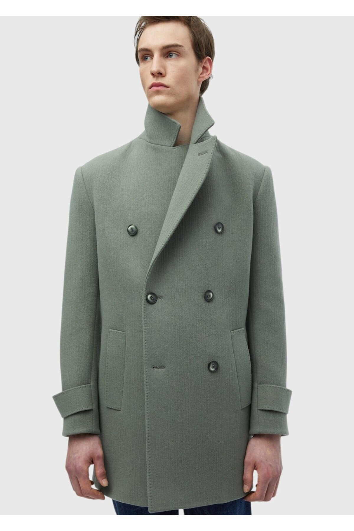 Ramsey  Açık Yeşil Regular Fit Kruvaze Yaka Casual Dokuma Palto - Görsel 5