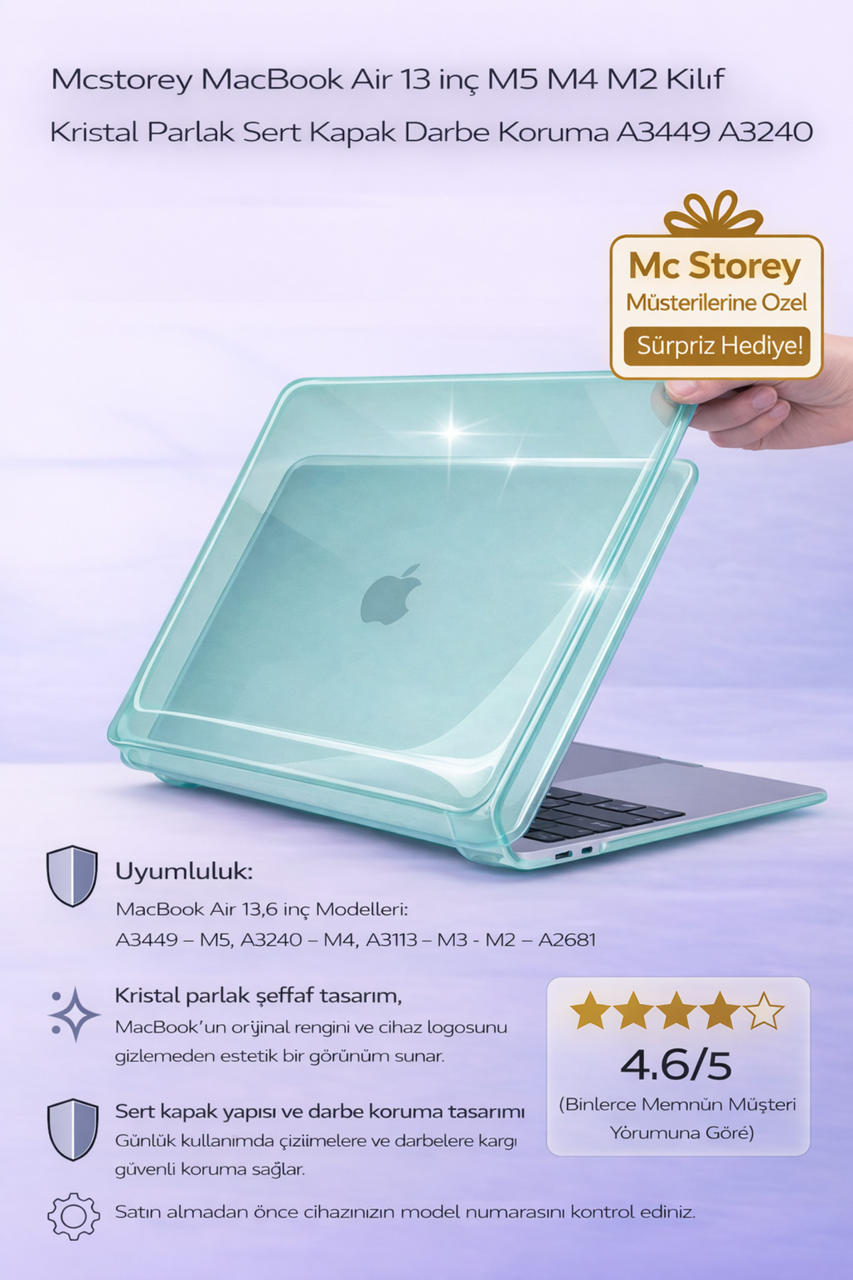 MacBook Air 13 inch M5 M4 M2 Case Crystal Shiny Hard Cover Impact Protection A3449 A3240