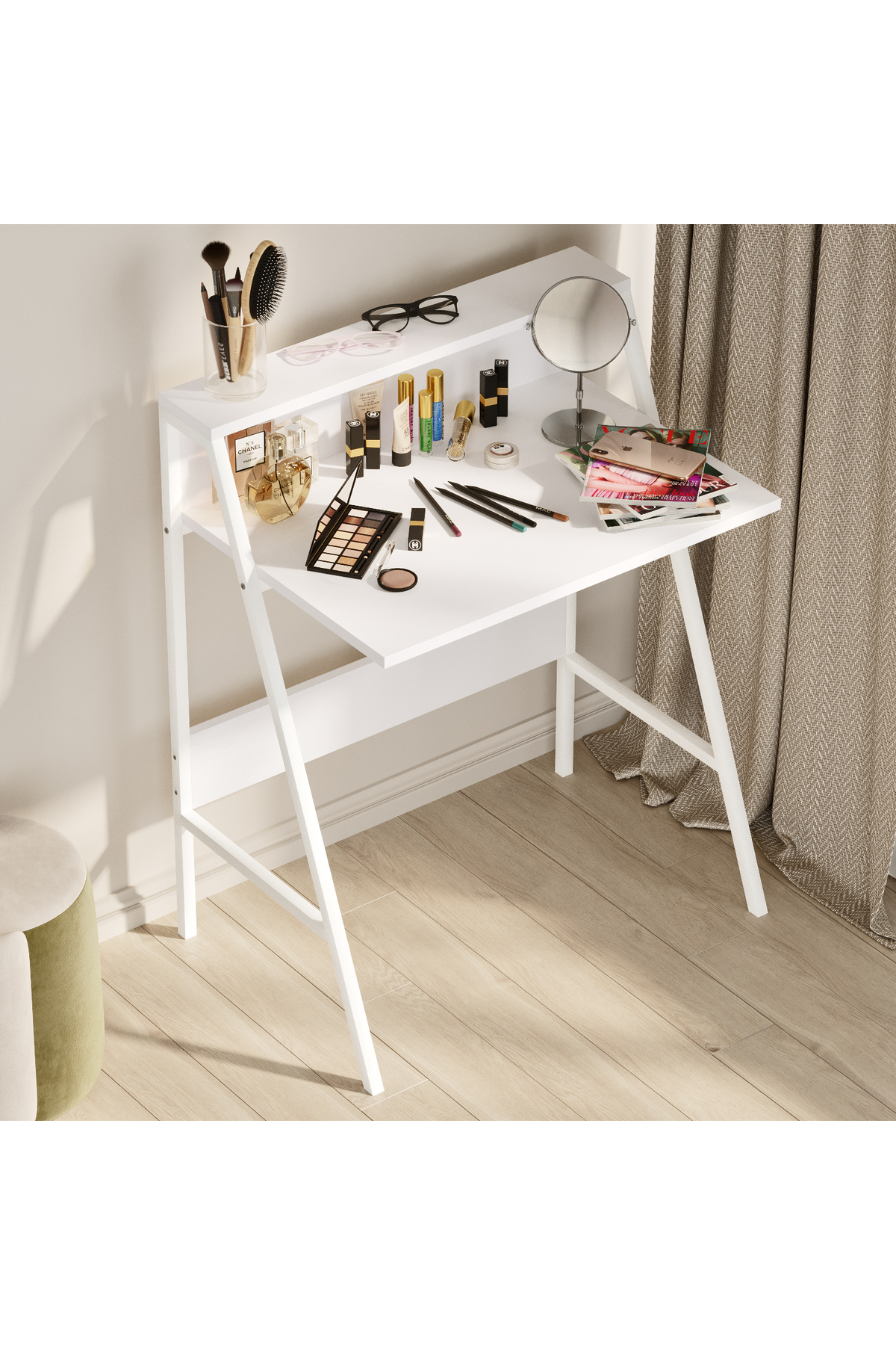 Desk with Shelf Laptop Computer Student Course Kids Young Room Makeup Kitchen Player Multi Purpose Table Piano Table White