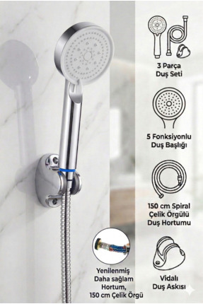 Plodna House Tazyikli 5 Fonksiyon Royal Duş Başlığı 150cm Çelik Örgülü Hortum...