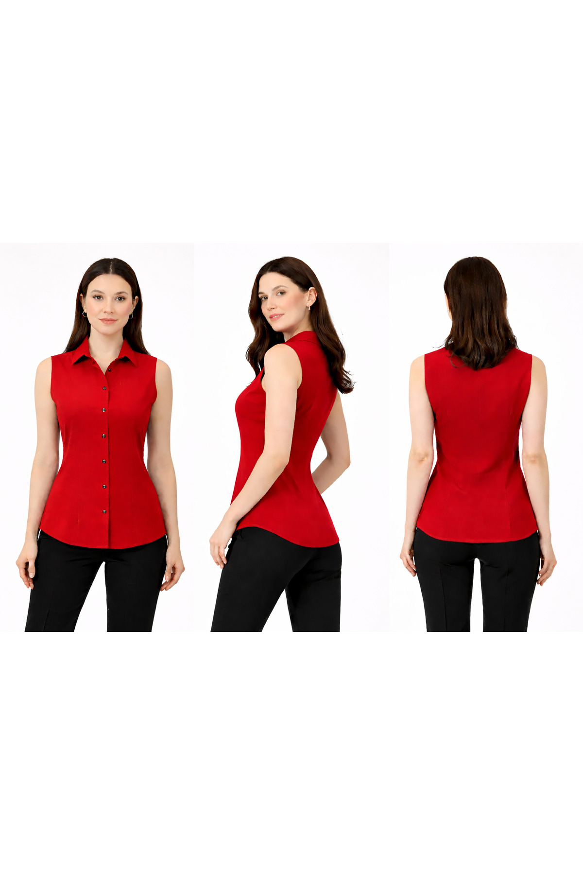 by shirts collection  Kırmızı Günlük Sıfır Kol Gömlek - Görsel 6