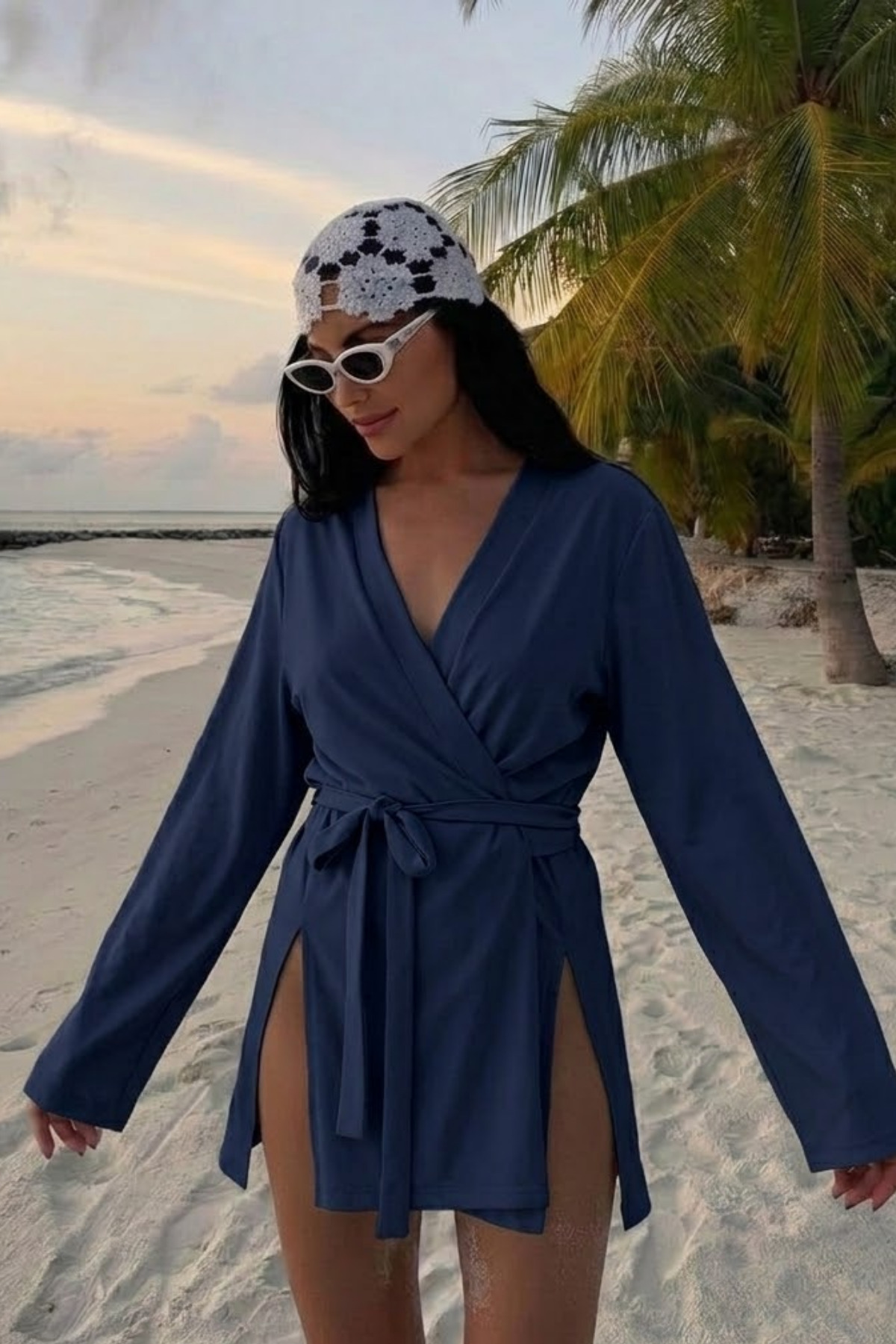 Women's V-Neck Loose Belted Navy Blue Kimono