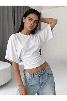 Cupla Kadın Bele Oturan Geniş Kollu Premium Bluz Beyaz