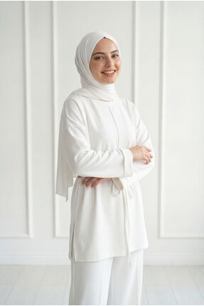 BENAHOLL Yakut Önü Dikişli Fitiili Yırtmaçlı Tunik-MF1834.1 Ekru