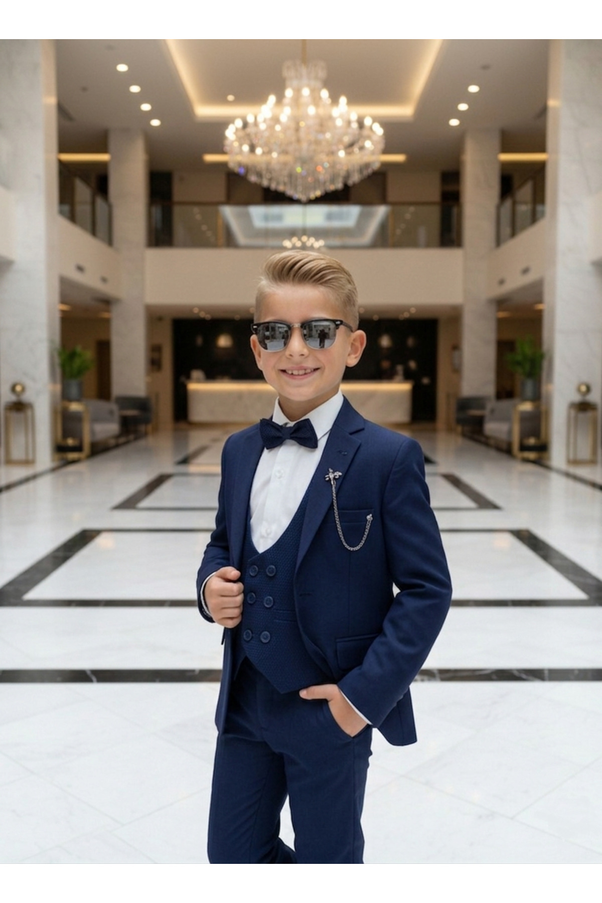 WENA KİDS Children's Suit Jacket Vest Trousers Shirt Set Suit Navy Blue