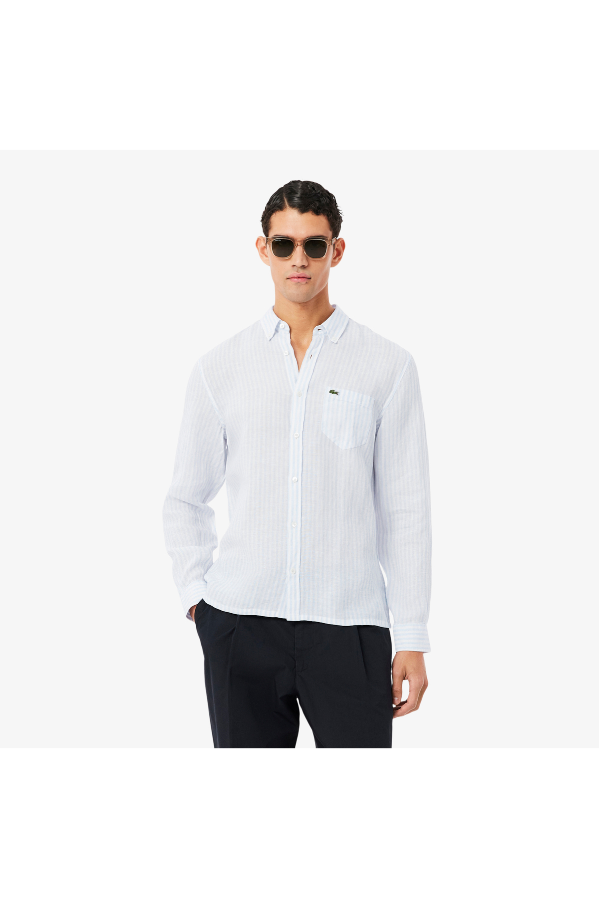 پیراهن مردانه یقه دکمه‌دار معمولی راه‌راه کتان آبی لاگوست پیراهن Lacoste