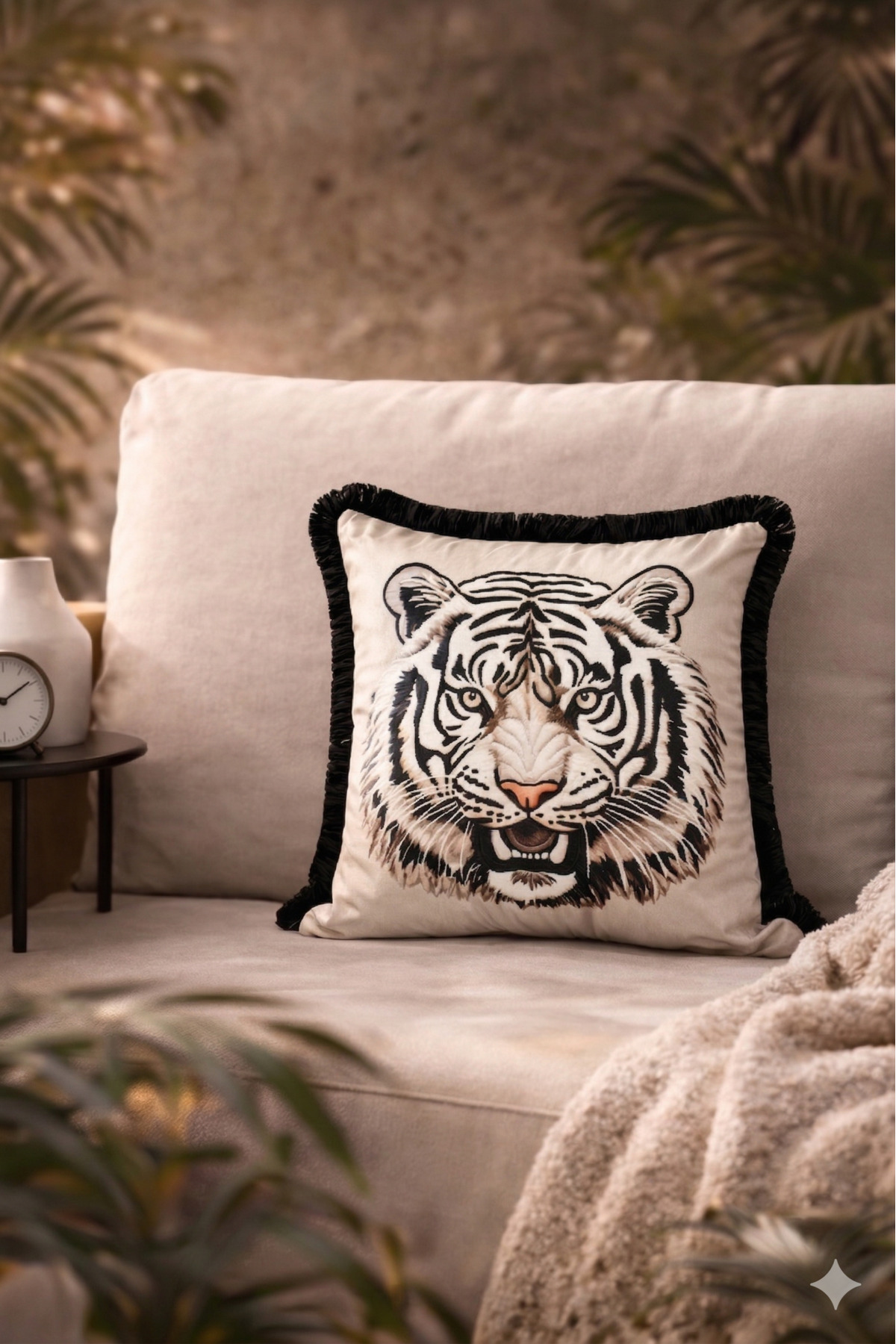Tiger Pattern Digital Print Fringed Decorative Pillowcase 45x45