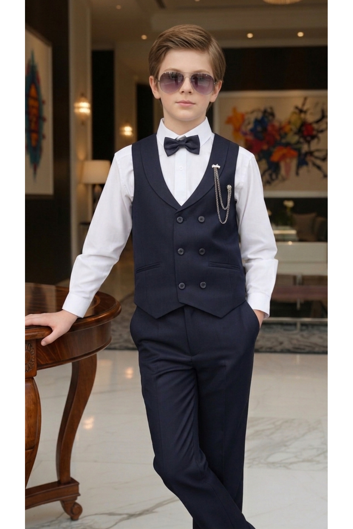 WENA KİDS Boy's Tuxedo Vest Suit with Shirt and Bow Tie Set Black