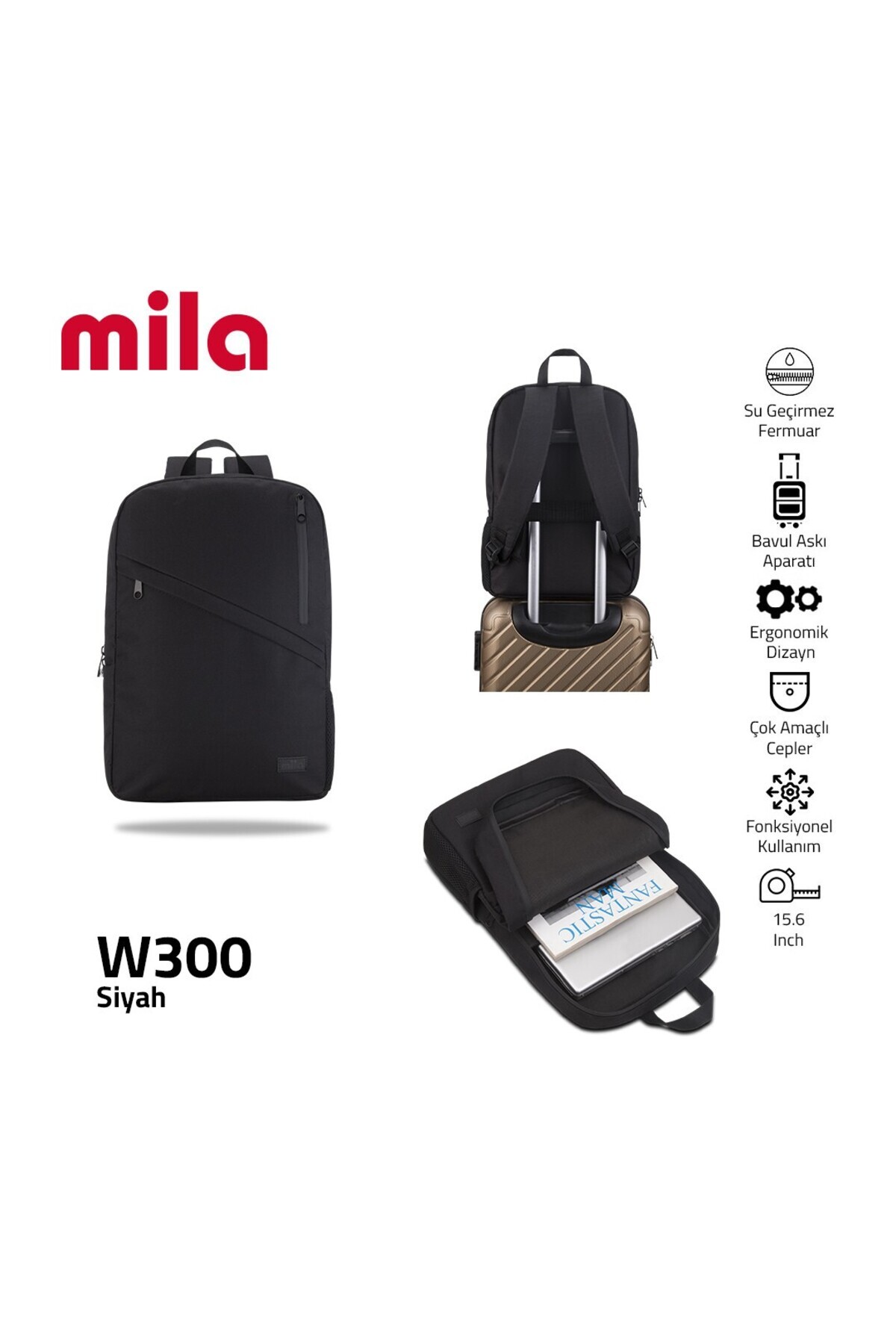 Mila  Classone 17,3 -15,60 Inch ,5 Bölmeli, Wtxpro Su Geçirmez Kumaş Ve Fermuar,laptop Sırt Çantası-w300