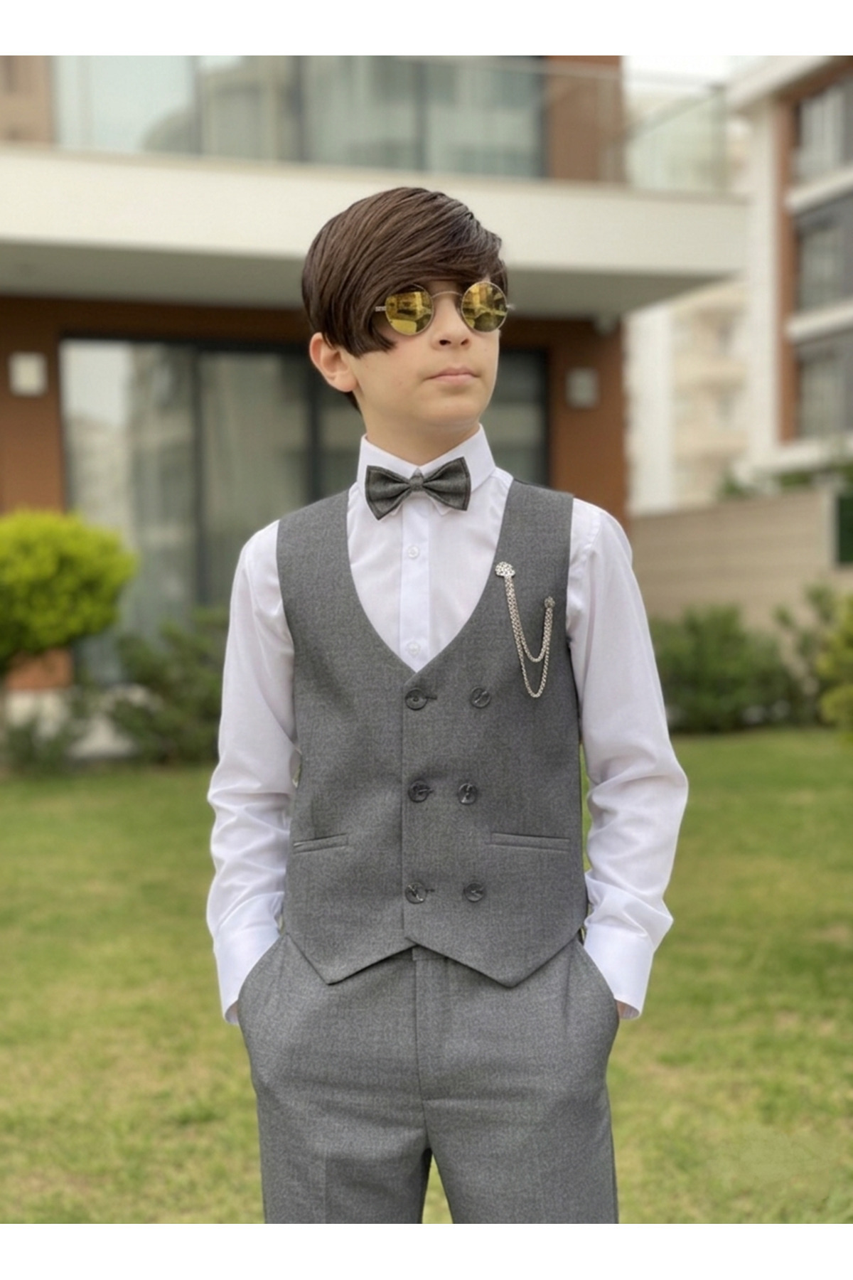 WENA KİDS Children's Vest Suit and Shirt Set MELANGE FUME