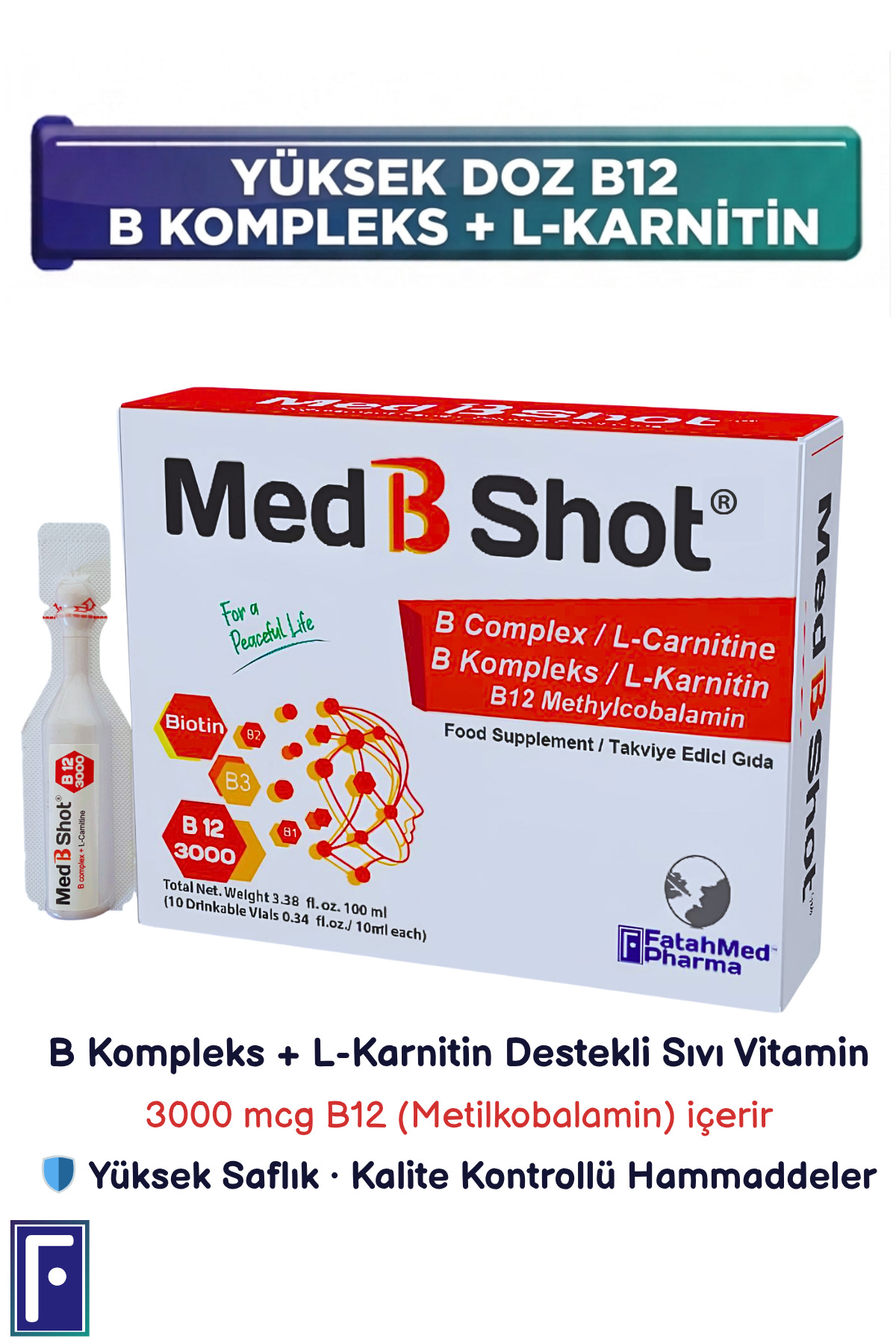 MED B SHOT B12 Kompleks Vit. 3000 mcg. (METİLKOBALAMİN) ,B1 ,B2,B3
