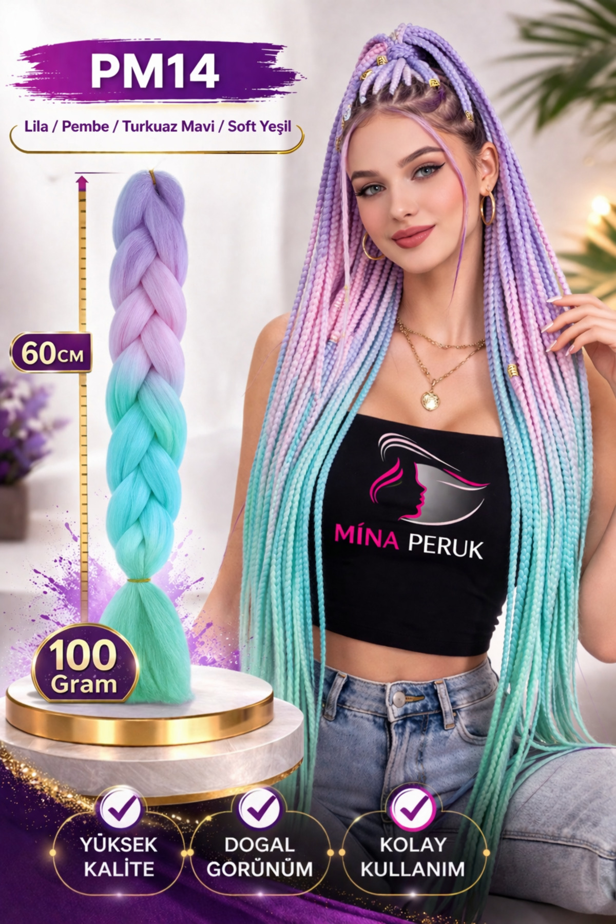 African Braided Ombreli Synthetic Hair 100 Gr. -Lilac/ Pink / Turquoise Blue / Soft Green