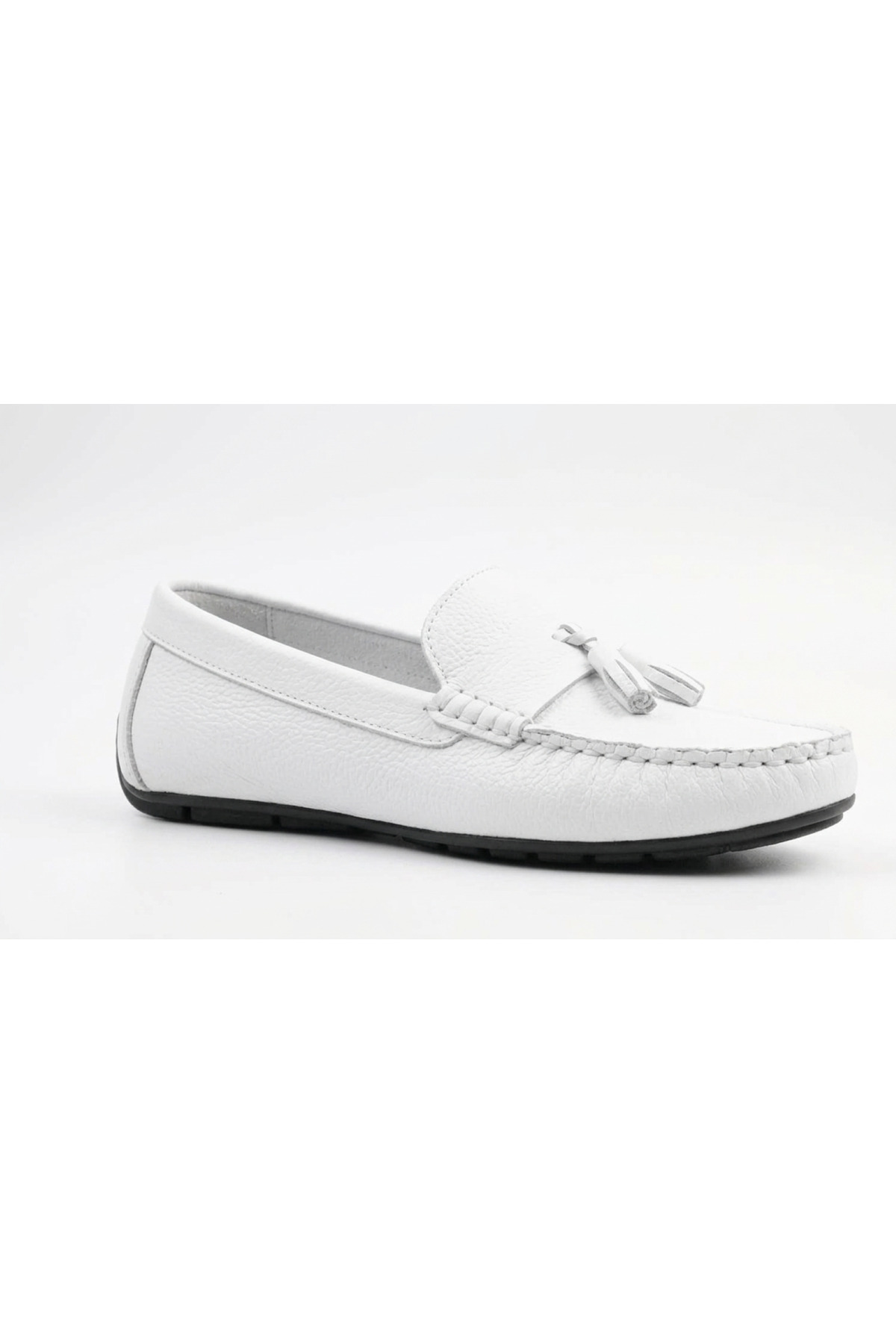 Growish GR0312 Hakiki Deri Saraçlı Rok Model Erkek Ponponlu Beyaz Renk Spor Klasik Loafer Babet Ayakkabı