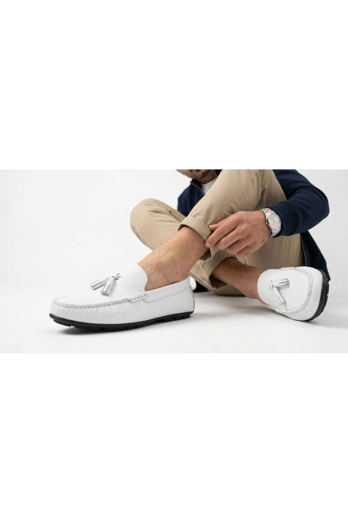 Growish GR0312 Hakiki Deri Saraçlı Rok Model Erkek Ponponlu Beyaz Renk Spor Klasik Loafer Babet Ayakkabı görsel 2