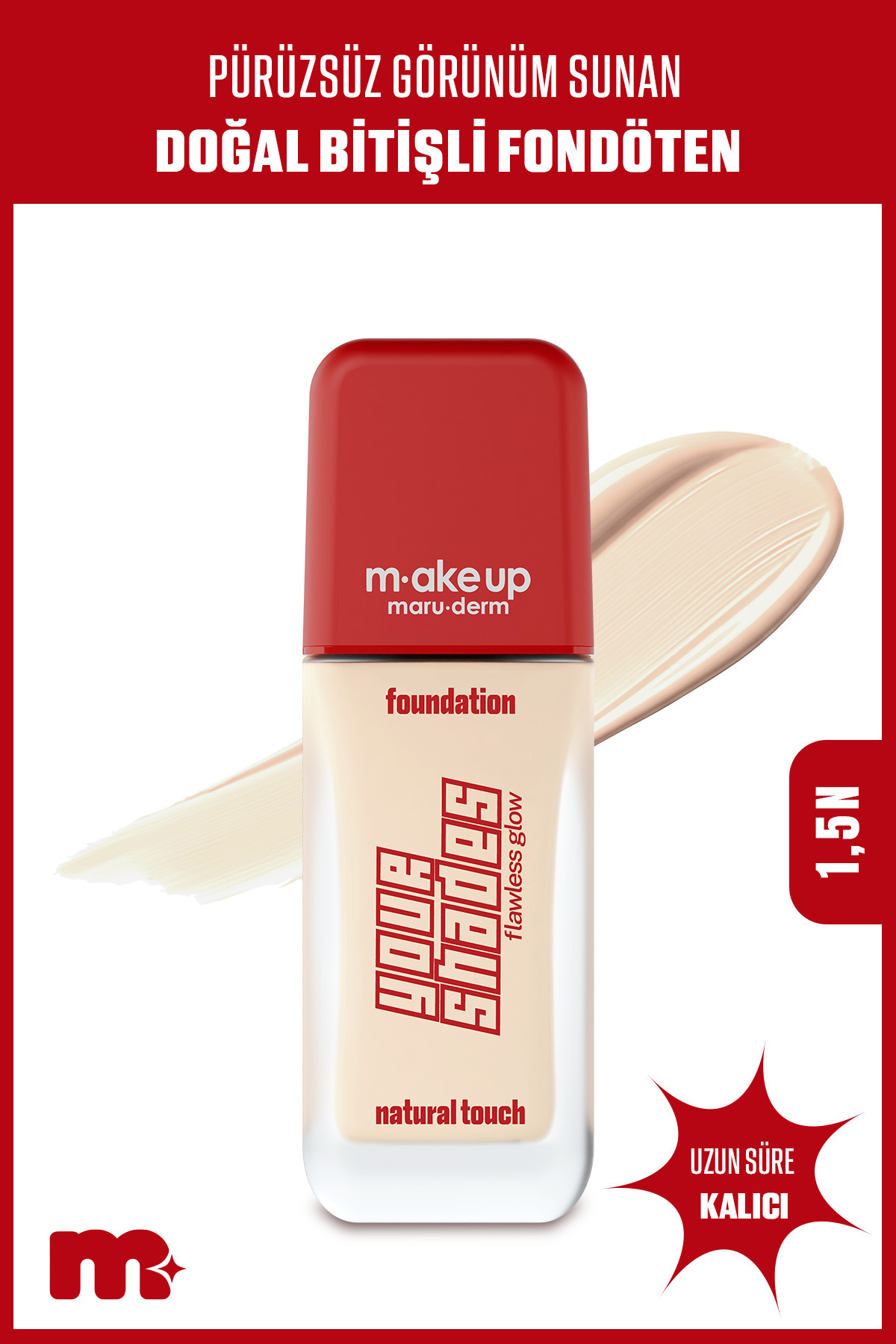 Maru.Derm make up maruderm Pürüzsüz Görünüm Sağlayan Yarı Mat Bitişli Uzun Süre Kalıcı Fondöten 1,5N – 30 ML