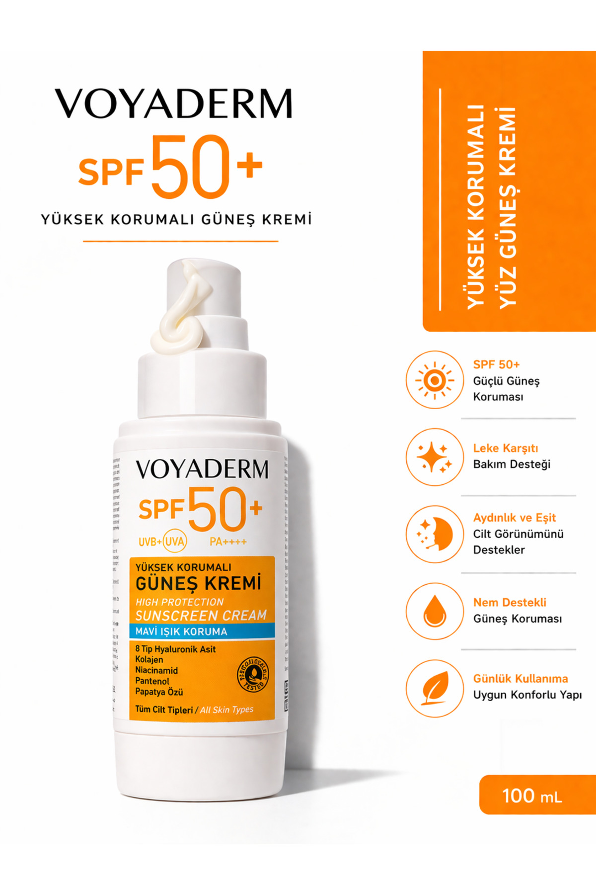 SPF50+ Yüksek Korumalı Yüz Güneş Kremi 100 ml — VD001 — تصویر 4 از 7