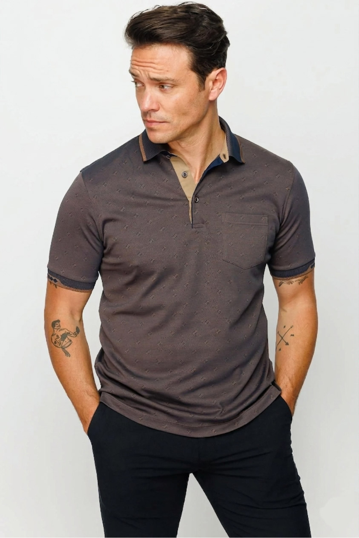 Men's Polo Neck Jacquard T-shirt with Pocket Coffee