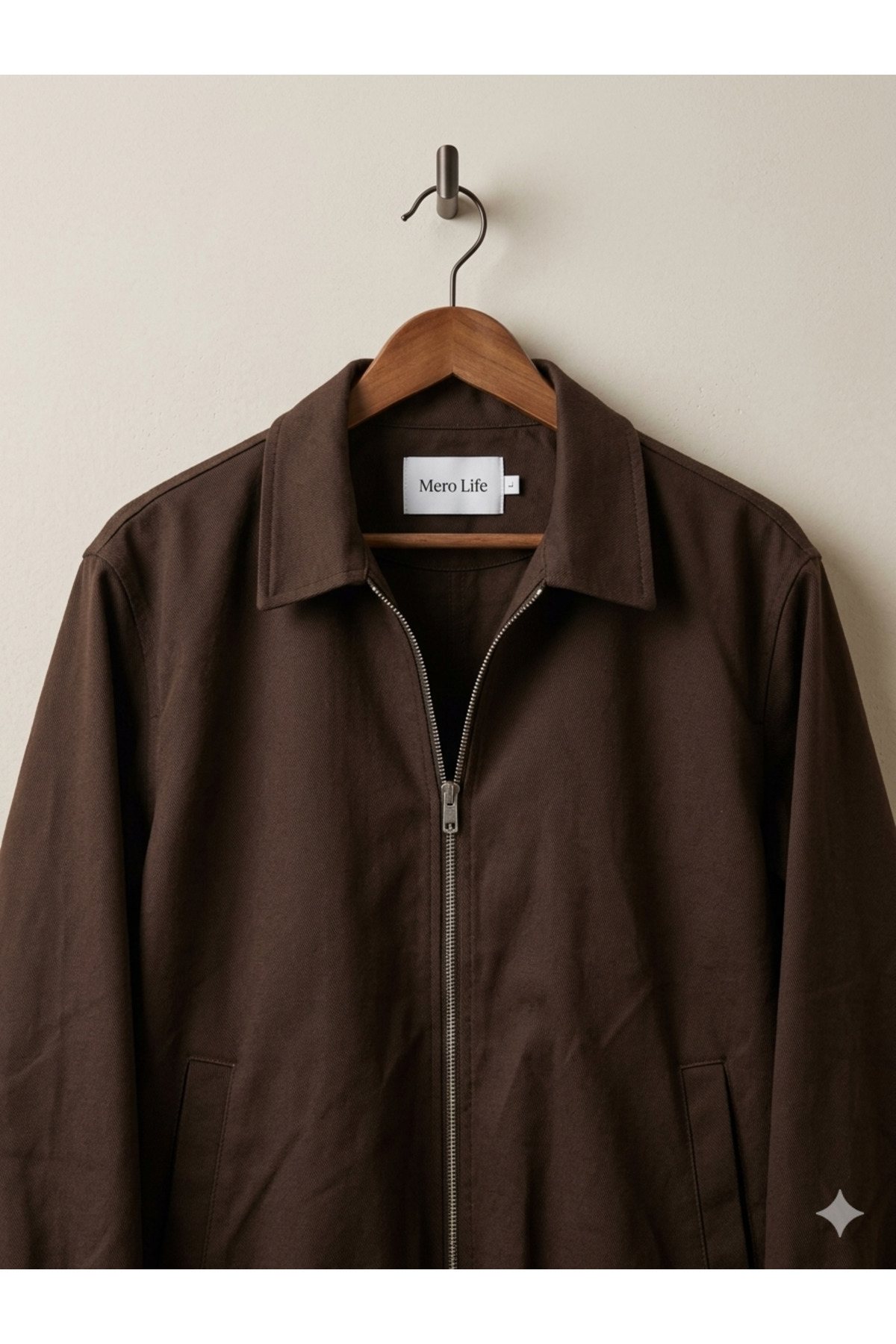 Men's Basic Old Money Zippered Oversize Seasonal Polo Neck Gabardine Fabric Brown Jacket