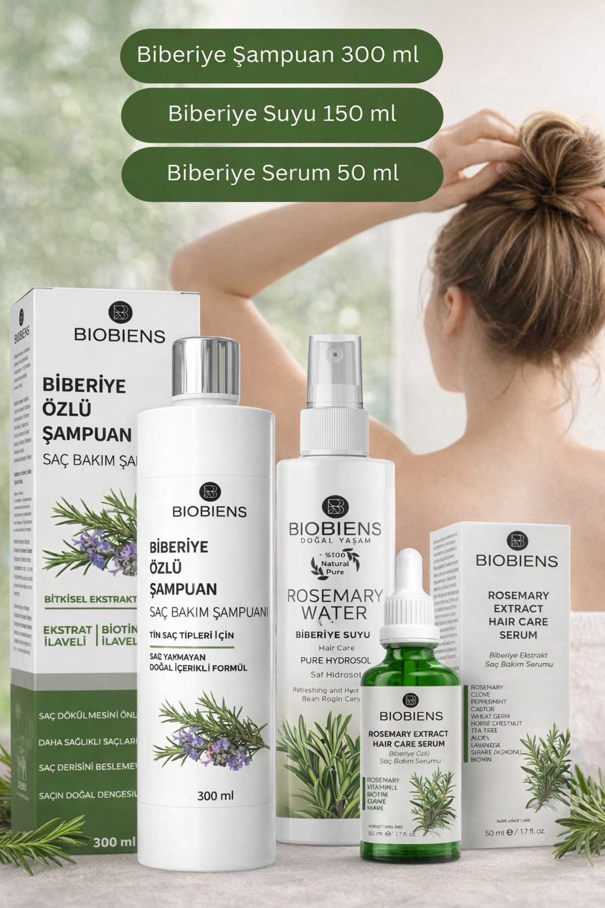 Saç Bakım Seti Biberiye Şampuanı 300 ml & Biberiye Serumu 50 ml & Biberiye Suyu 150 ml — smn007