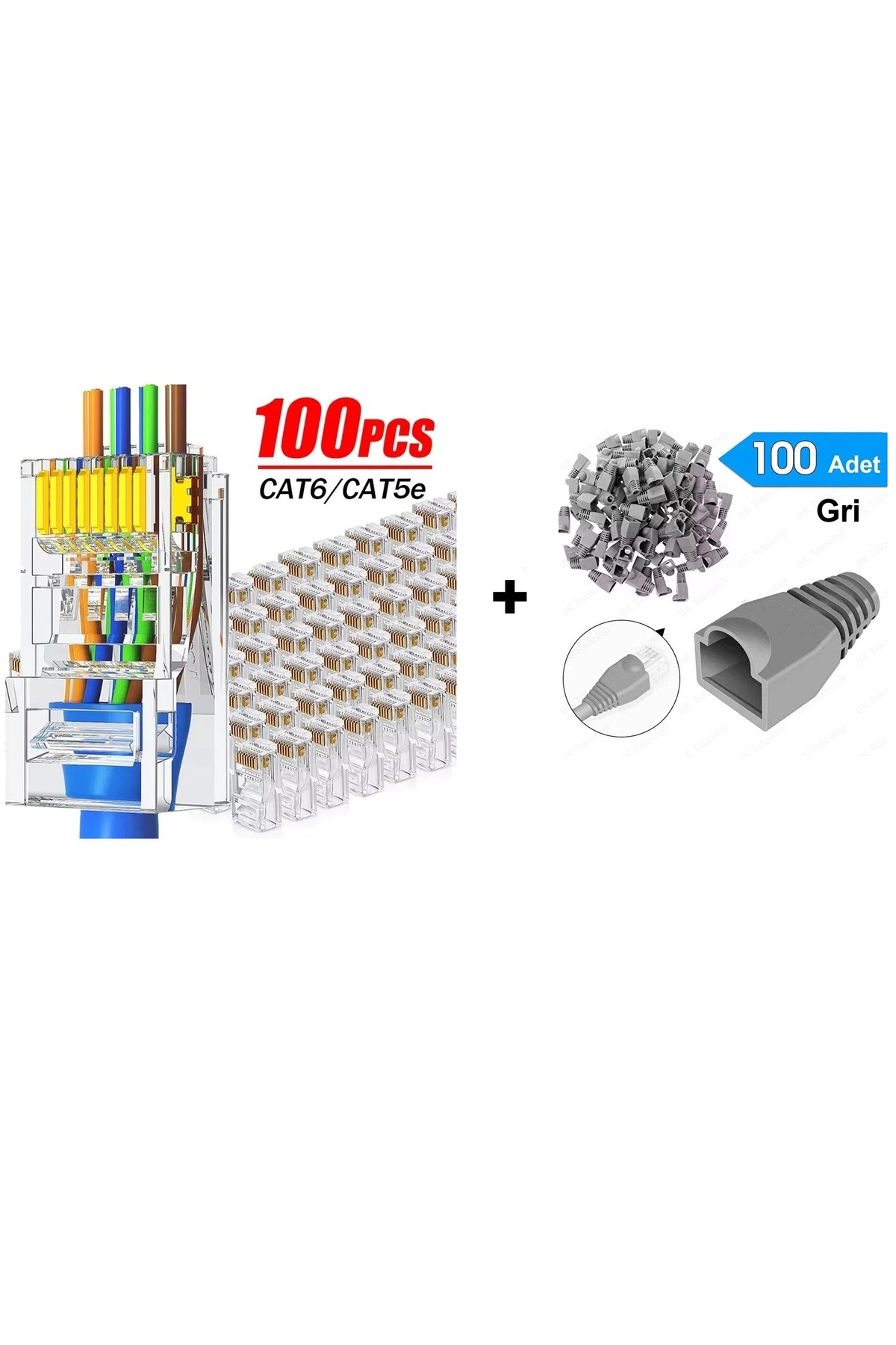 100 Adet Cat6 Yeni Nesil Delikli Rj45 Jak + Rj45 Cat5/6 Cover Koruma Kılıfı Boot Papuç 2 in 1 Set