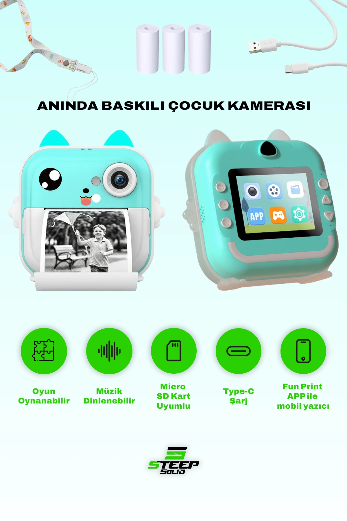 Steep Solid Anlık Termal Yazıcılı Dijital Çocuk Kamerası 2.4 İnç HD Şipşak Fotoğraf Makinesi (Mavi)