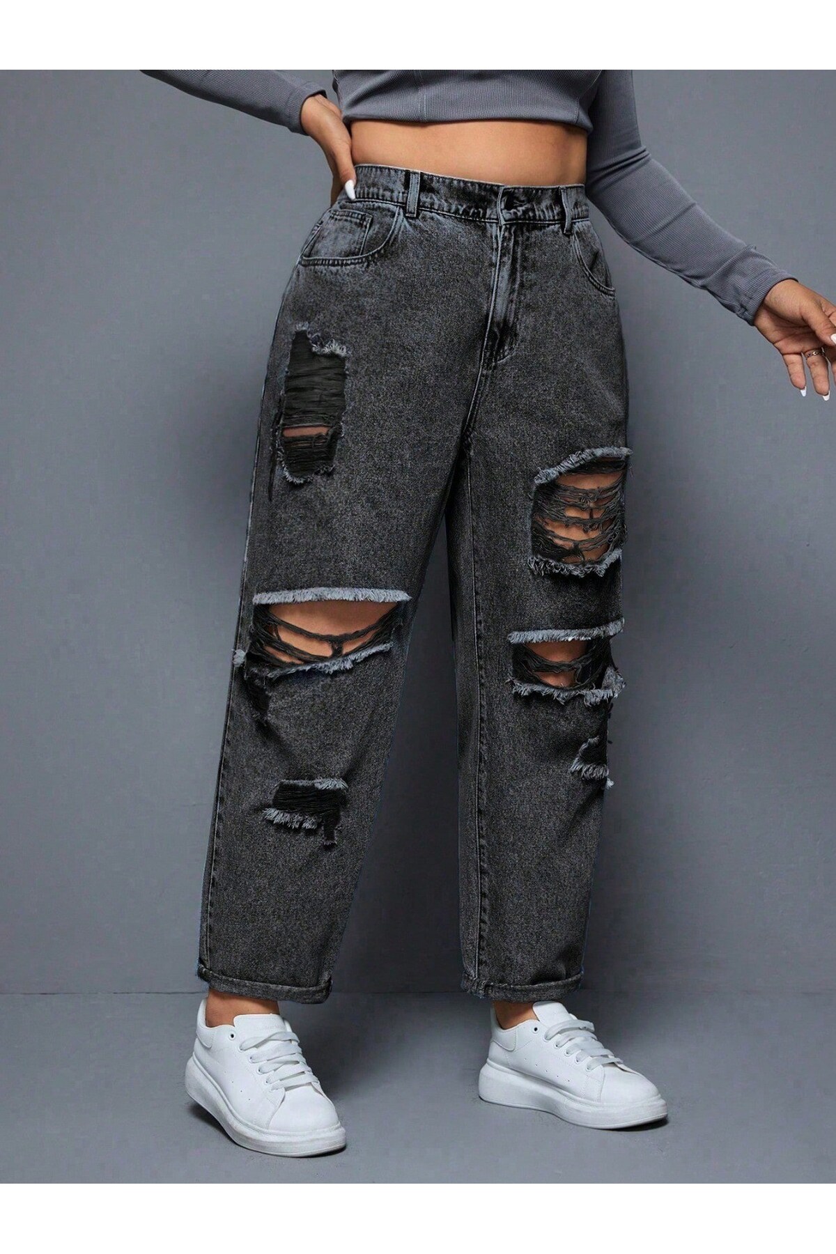 HerTon  Kadın Yırtık Detaylı Mom Jean Pantolon – Yüksek Bel Vintage Denim Rahat Kesim Trend Pantolon - Görsel 2