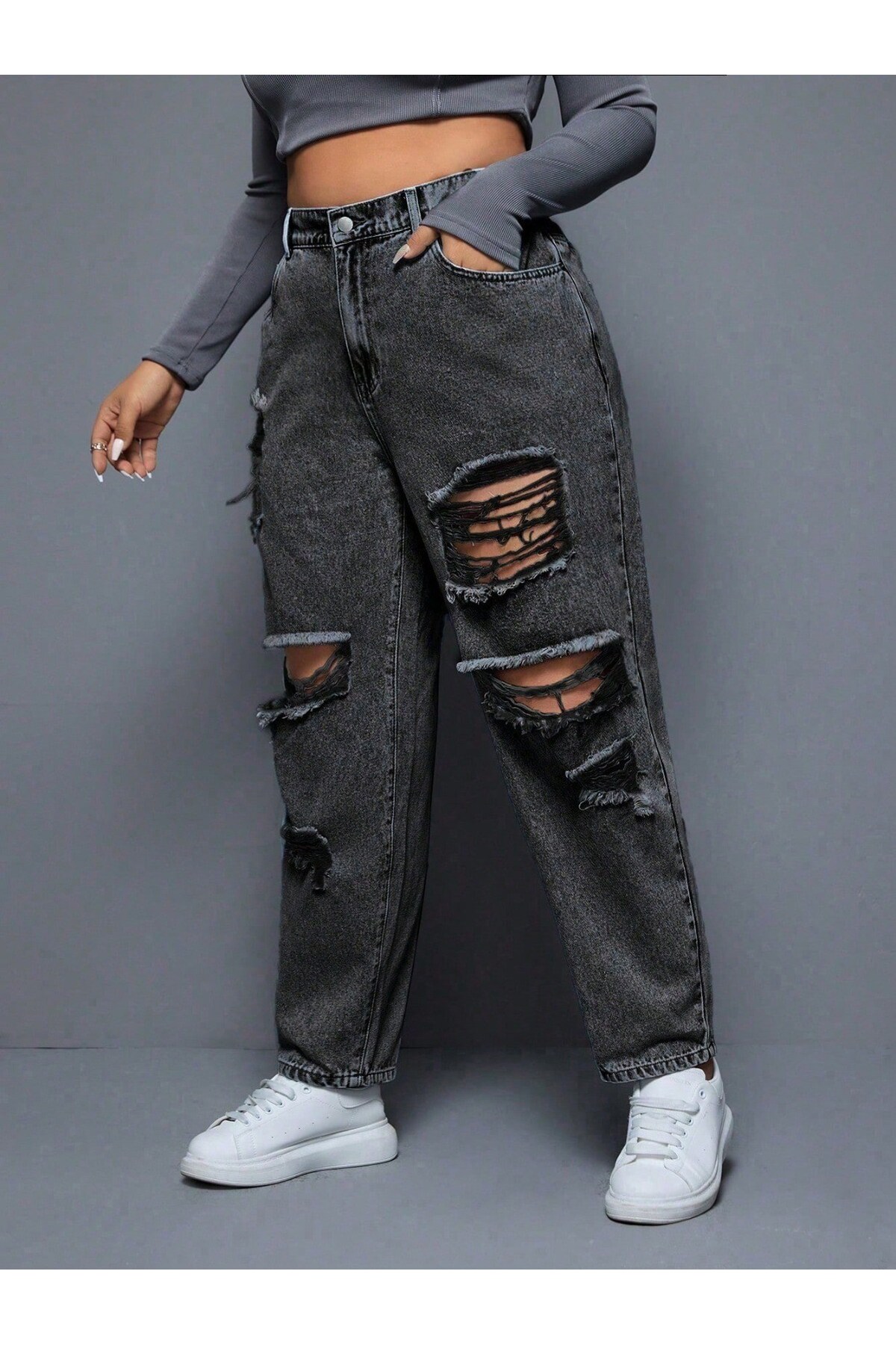 HerTon  Kadın Yırtık Detaylı Mom Jean Pantolon – Yüksek Bel Vintage Denim Rahat Kesim Trend Pantolon - Görsel 3