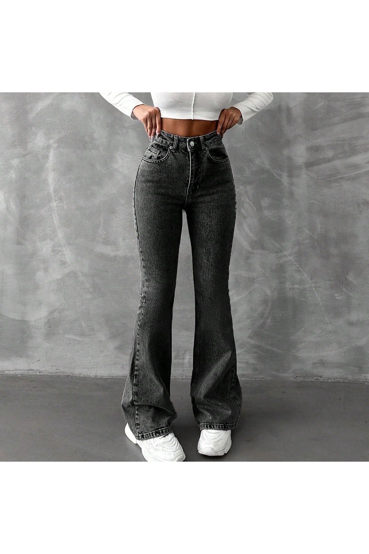 High Waist Spandex Leg Jean Trousers - Full Cotton Flare Denim with Antiquated Detail