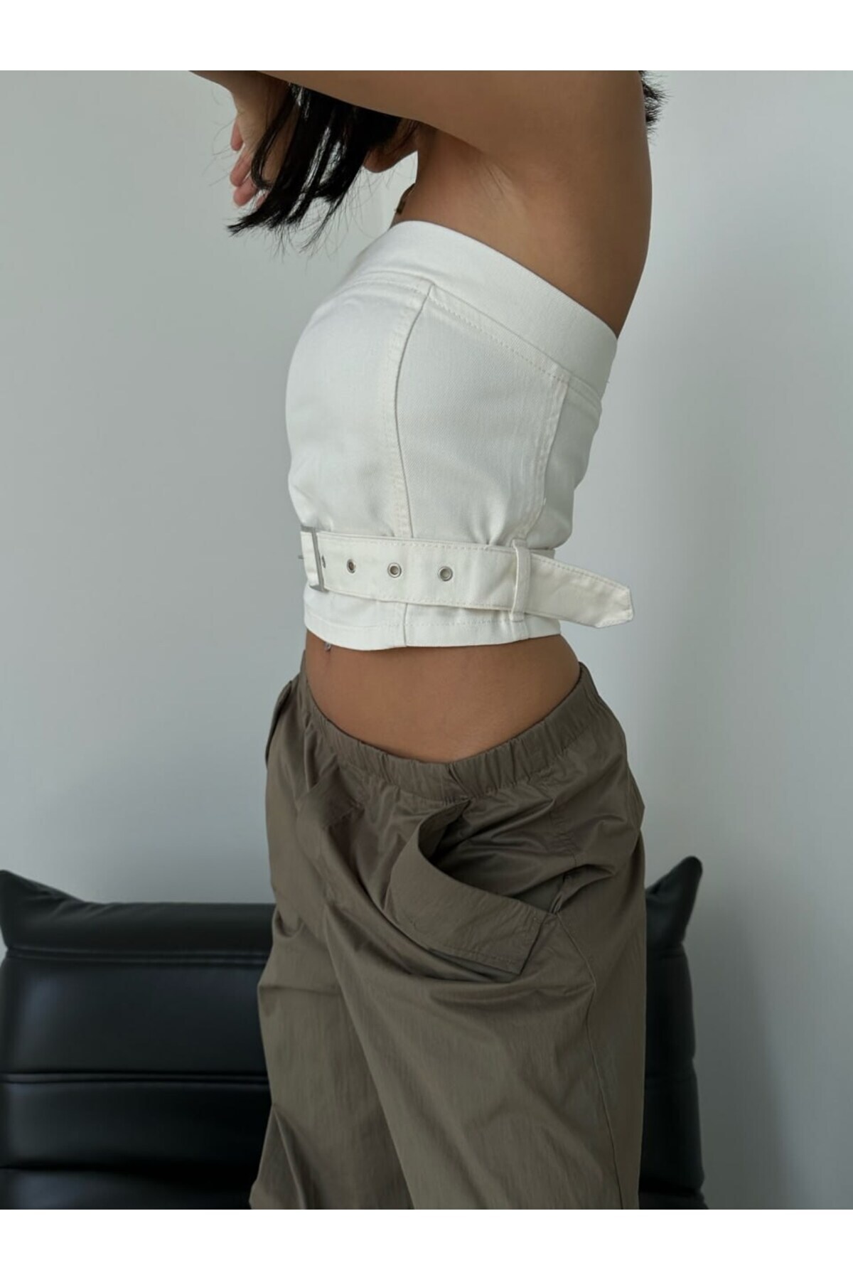 HerTon  Kadın Kemerli Jean Bustiyer - Arkadan Fermuarlı Denim Korse Top - Görsel 4